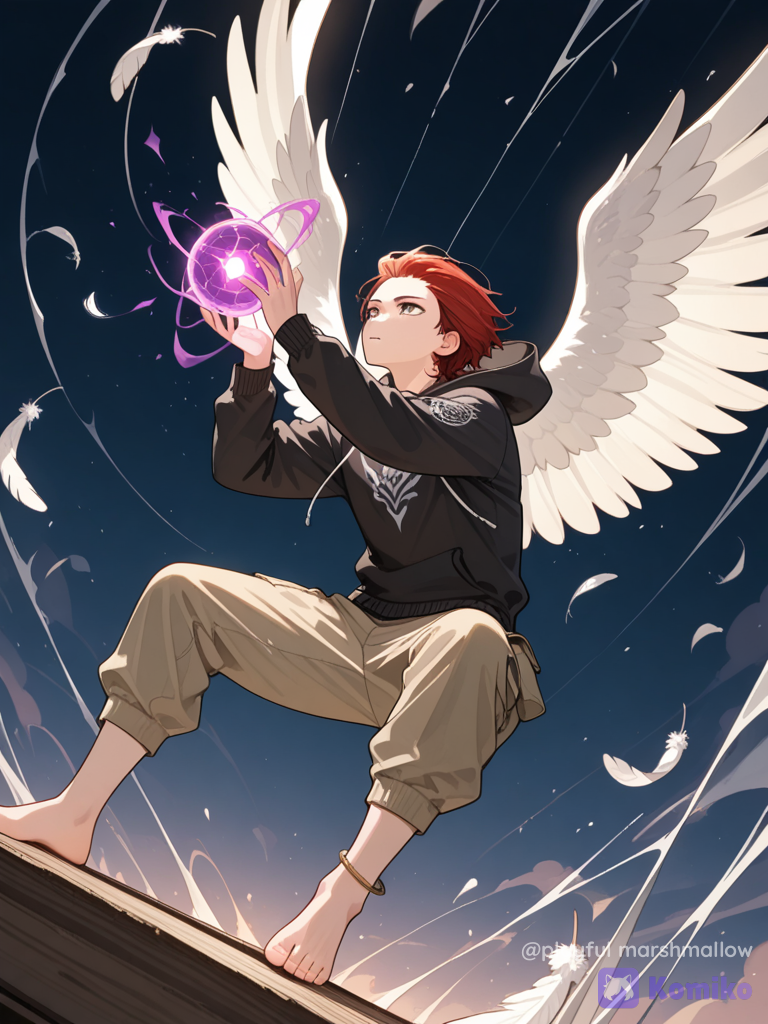 1boy, falling, silk, henley shirt, hoodie, cargo pants, magic orb, angle wings, anklet, slicked-back hair, tousled hair, red hair, barefoot, combat boots, khaki, medium long shot