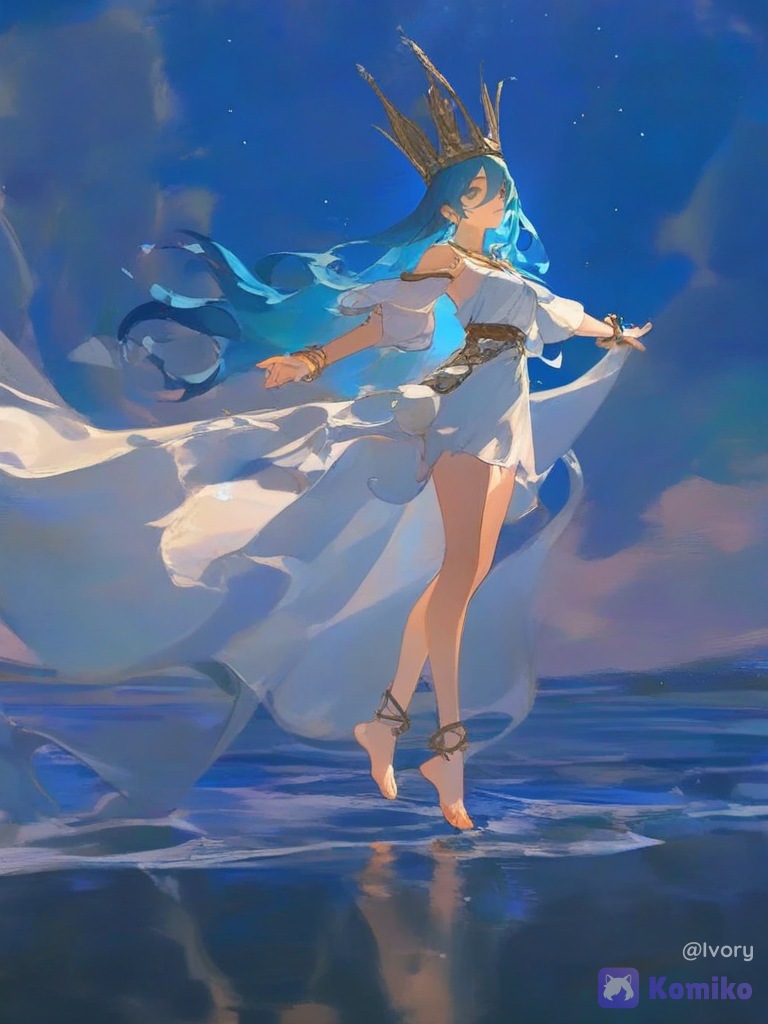 [prismatic-style], elven outfit, klein blue, navy blue, ivory white, barefoot, soft blue hair, spiral curls, loose hair, messy hair, tousled hair, bracelet, anklet, pearls, necksilk, floating, expressionless, full body, medium long shot, sle, flickering light, ethereal lighting, ocean, starry sky, cloud her clothes are blue and white, golden necklece's crowns and braclets, water god