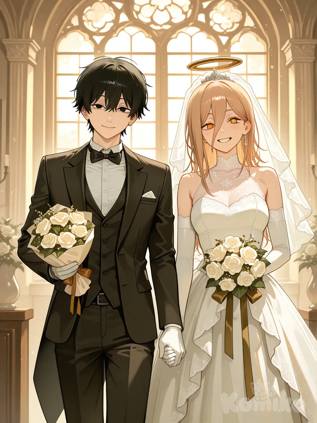 Angel from chainsaw man in wedding dress, Aki from chainsawman in a tuxedo, holding hands
