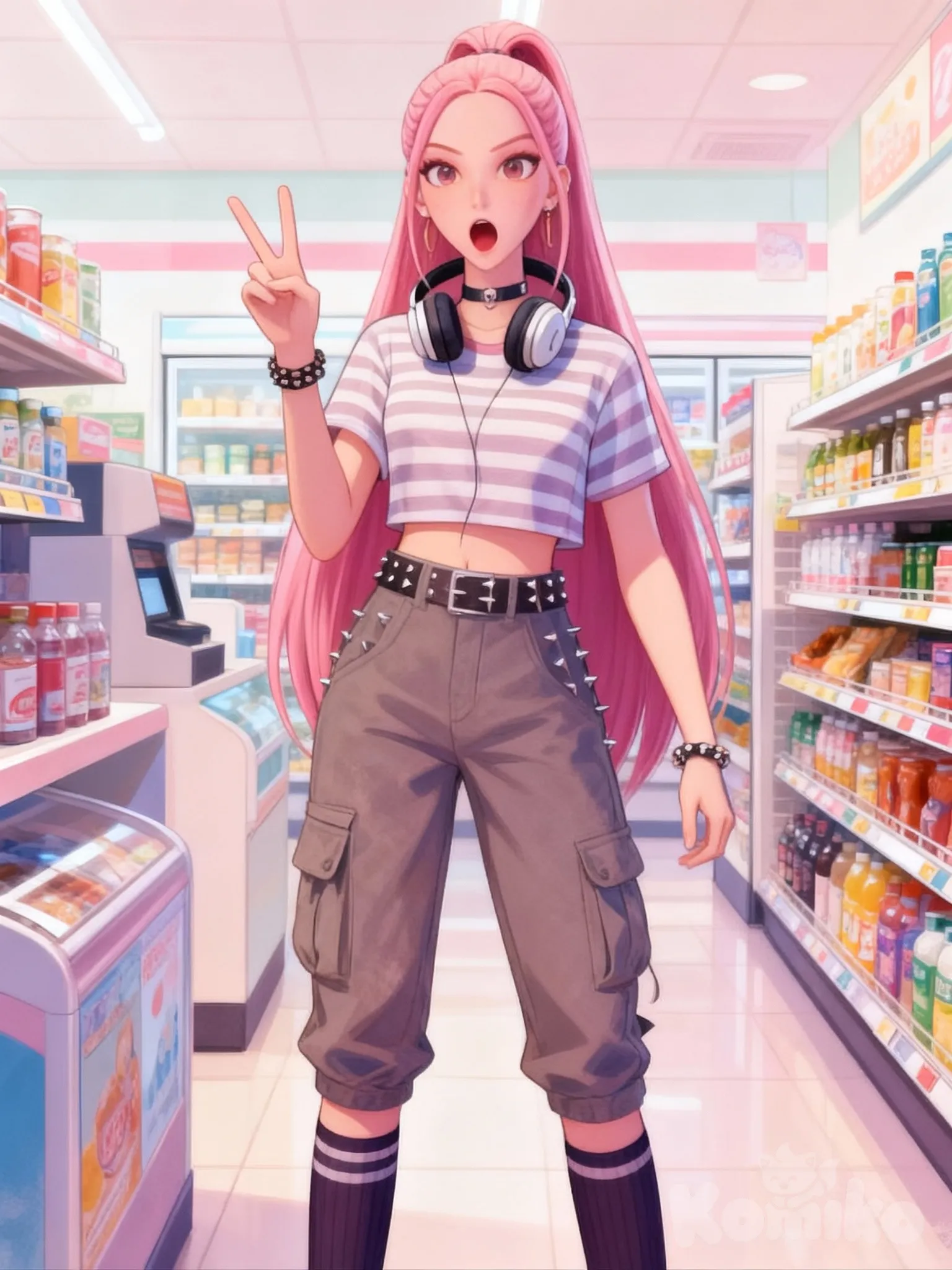 @Mira , tall, v sign, shocked, striped shirt, cargo pants, studs, choker, headphones, knee-high socks, bracelet, convenience store, [soft-pastel-style]