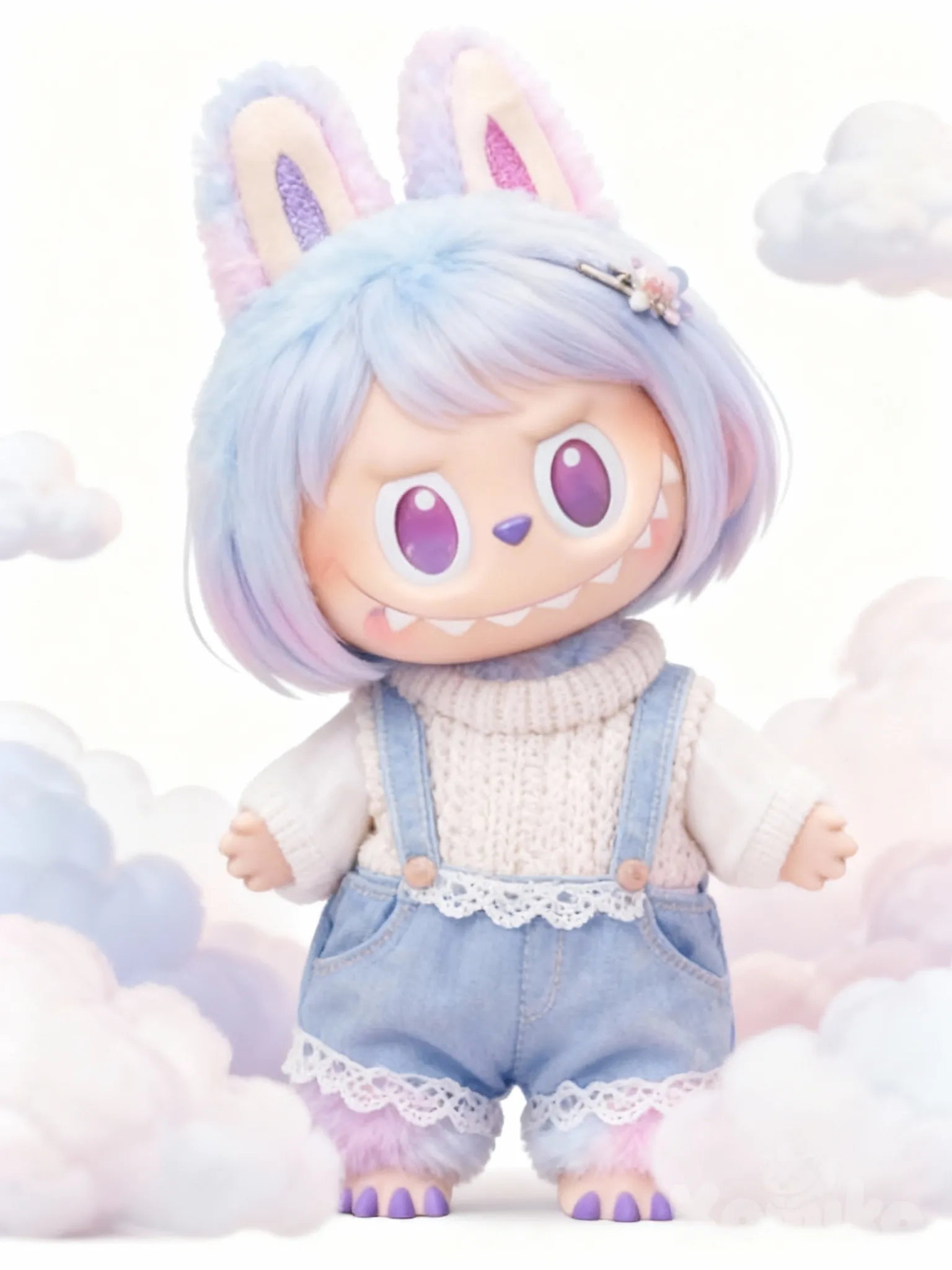 head tilt, blush, knitted vest, overalls, lace, hair accessory, hairpin, pixie cut, cloud, @Hope, [soft-pastel-style]