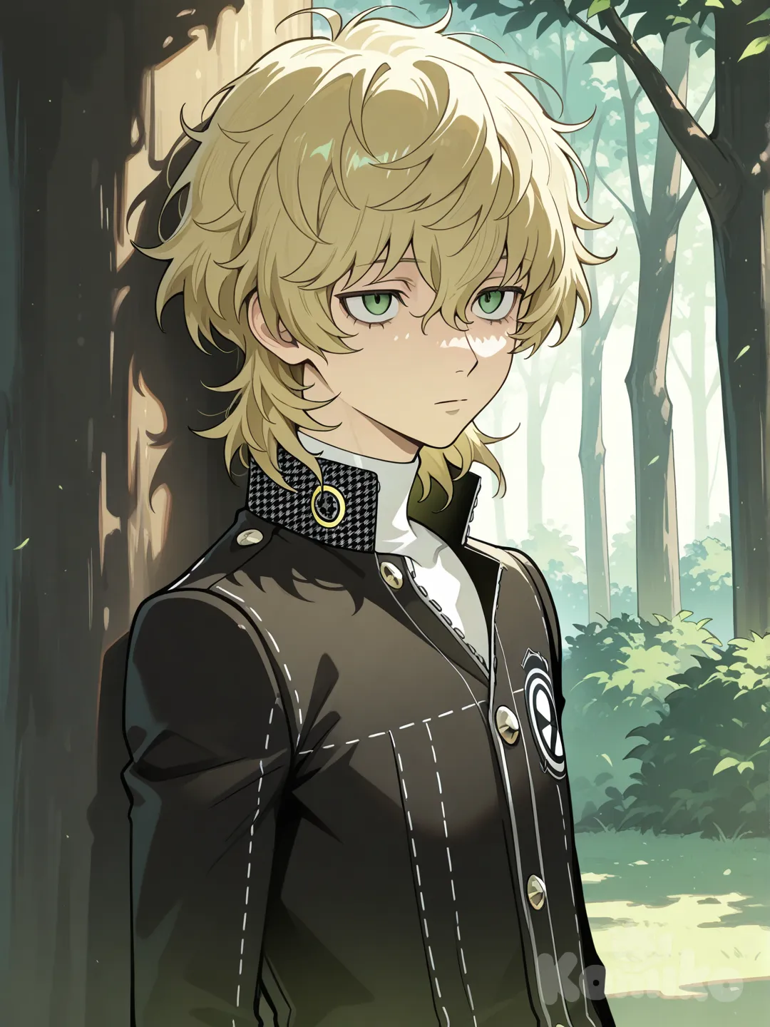 Japanese male, messy blonde hair, green eyes, blank stare, standing against tree, yasogami high uniform from persona, medium length hair, upper body