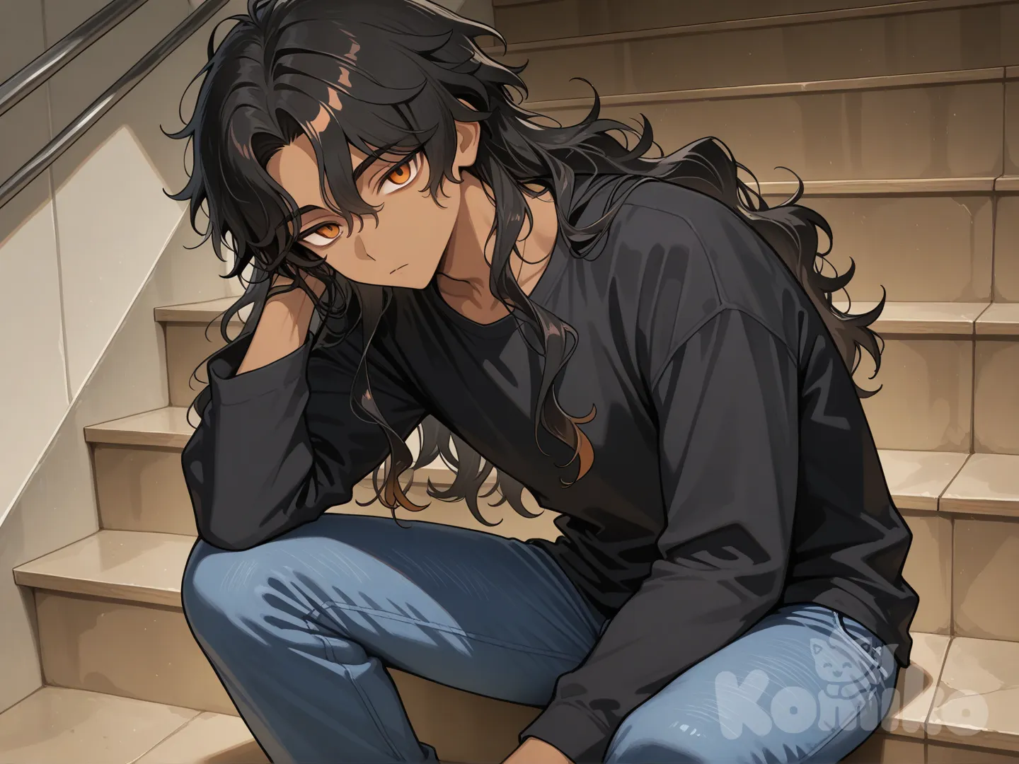 Japanese male, tall, tan skin, long black wavy hair, orange eyes, long sleeve black t shirt, blue jeans, sitting on stairs, hand in own hair, blank stare