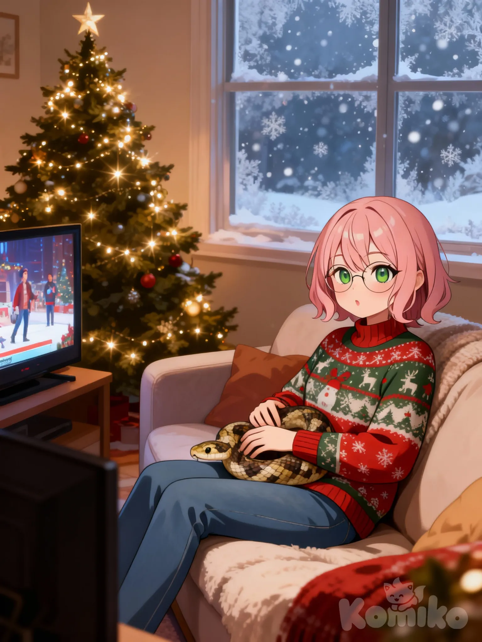 KomikoChristmas, @naomi-GJHT sitting on a couch wearing a christmas sweater, she is watching a movie while holding her pet snake. there is a christmas tree in the background of the image and there is snow falling outside the window