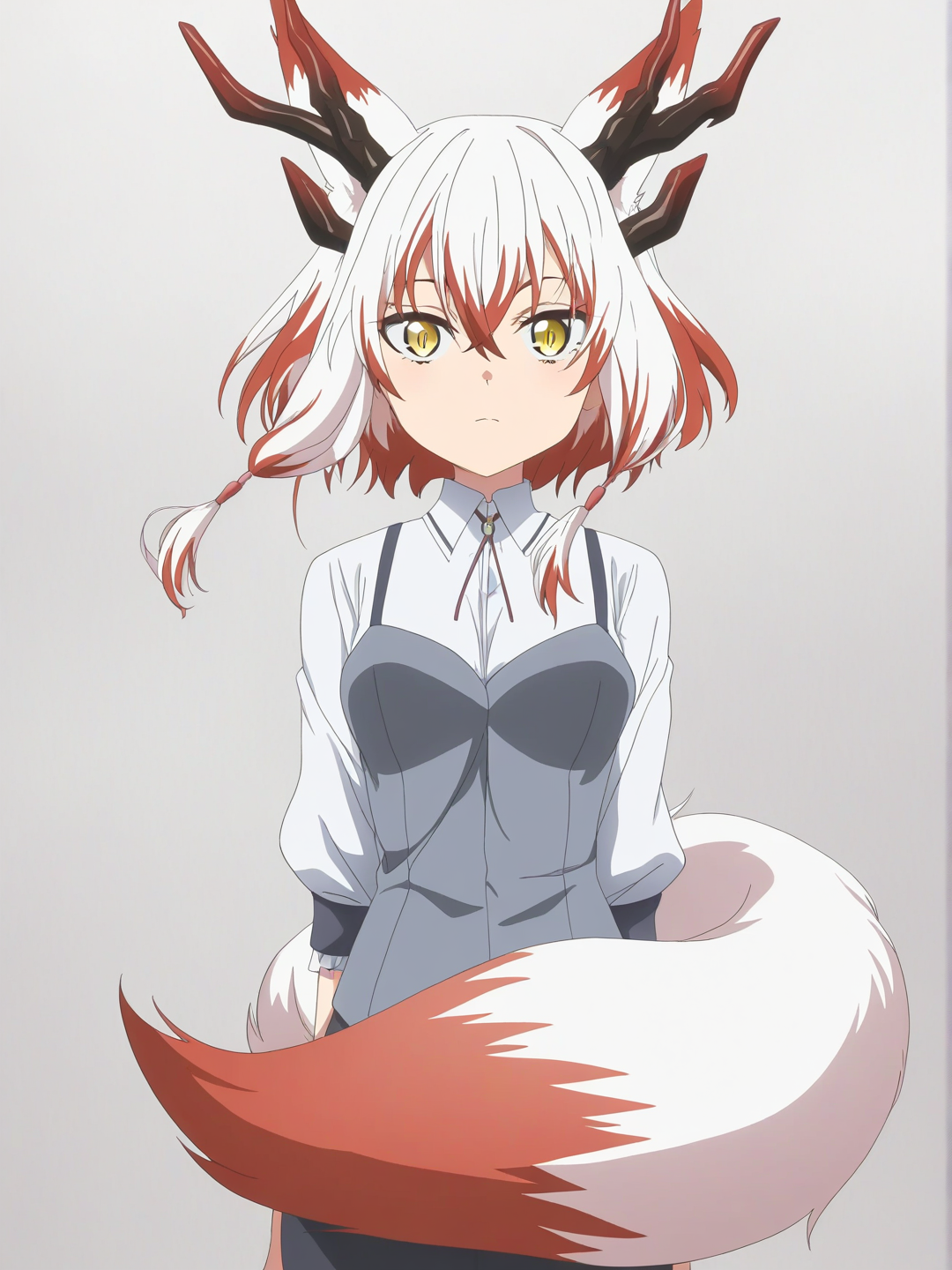 Female fox girl with dragon horns, red hair, white streaks, gold eyes, [bright-anime-style]