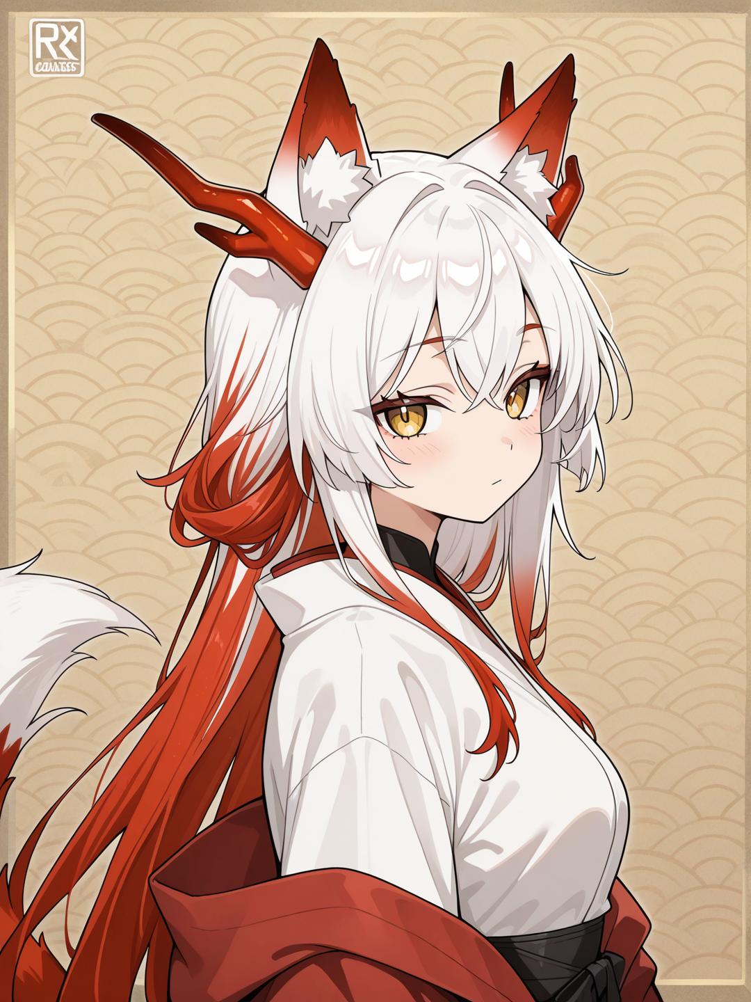 Female fox girl with dragon horns, red hair, white streaks, gold eyes, anime style