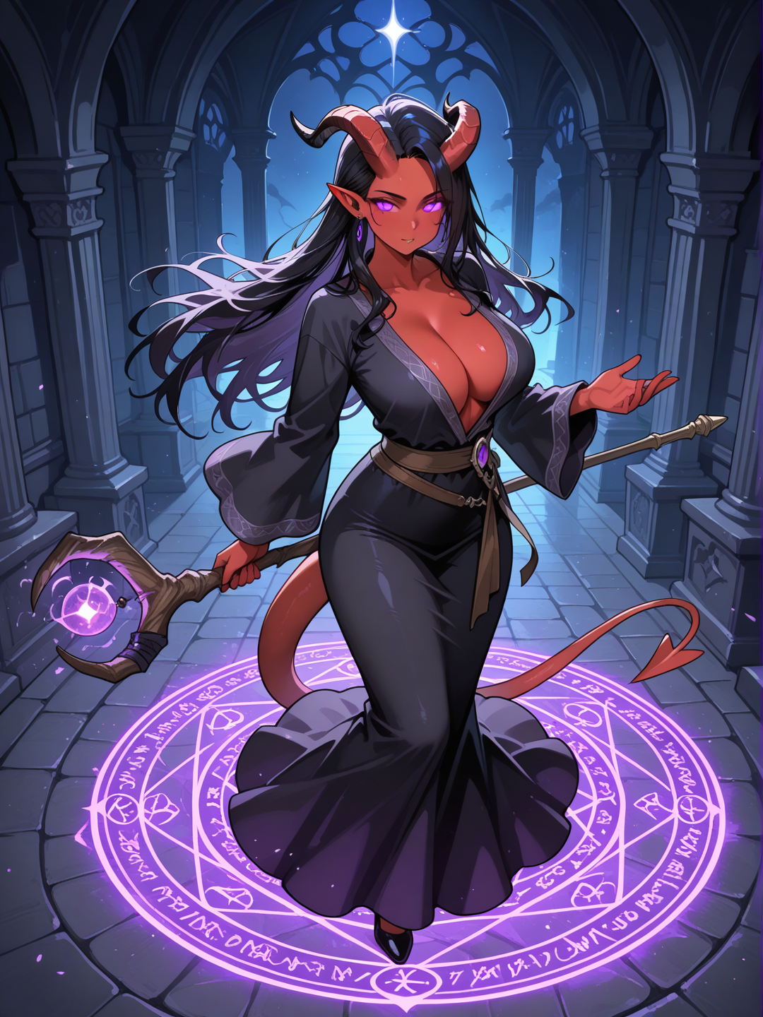 Tiefling sorceress, black hair, purple eyes, anime style