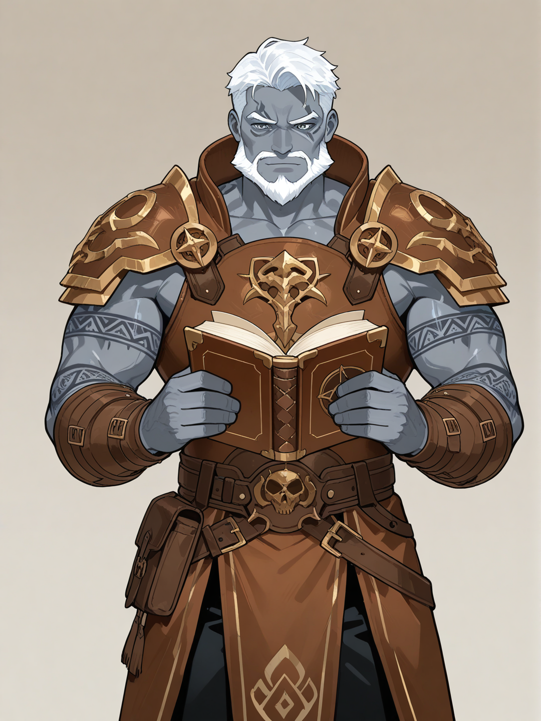 Goliath Bard warlock, gray green eyes, short whitehair, muscular male, beard