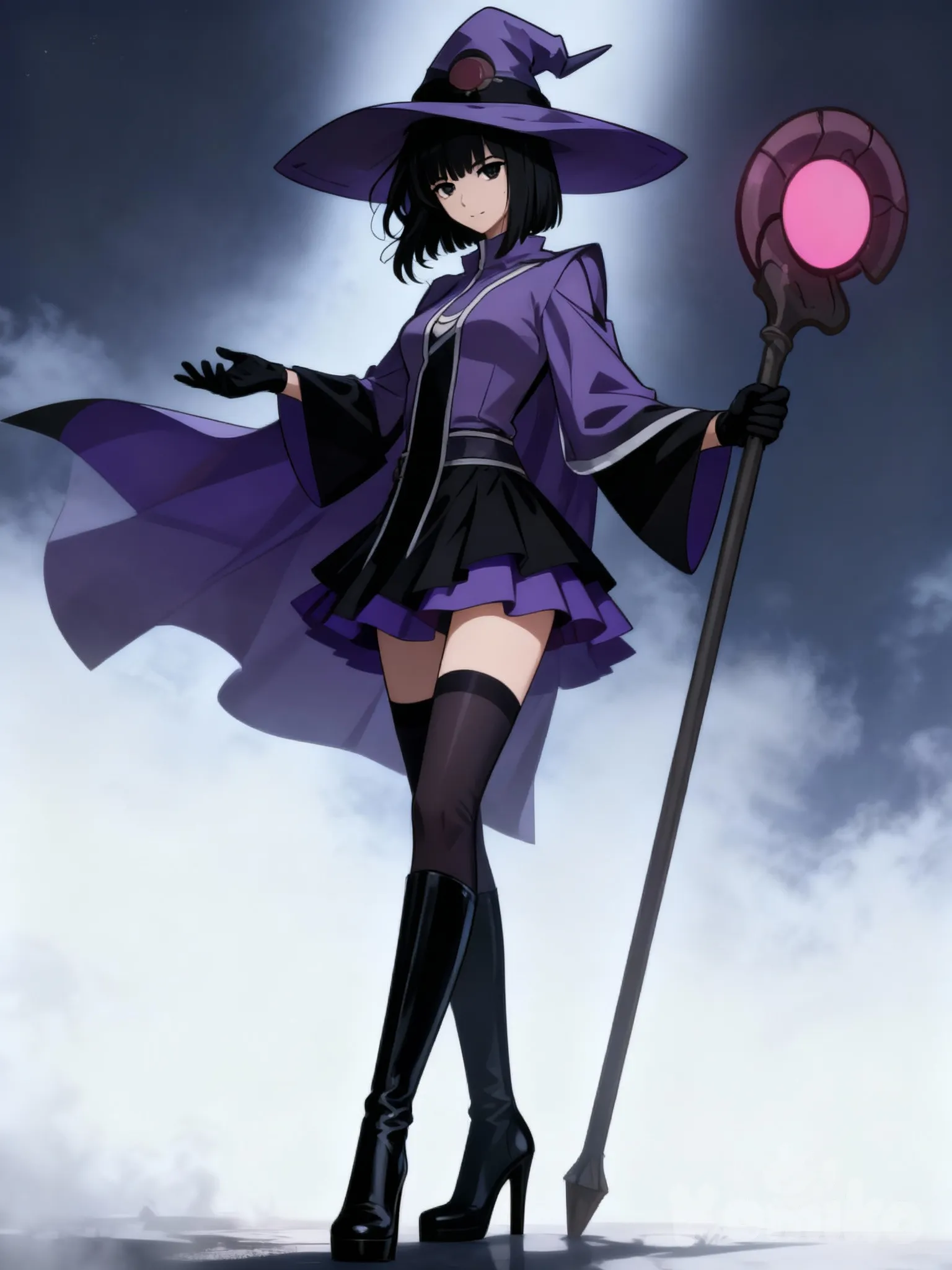 solo leveling style, solo leveling style, solo leveling style, A female hunter, a witch healer, in her mid-twenties, with fair skin, black eyes, straight wavy, short black hair, a side messy bangs, and a short witch's outfit layerd dress, purple and black, long wide sleeves, with tall stockings, tall black heel boots, gloveswide gloves