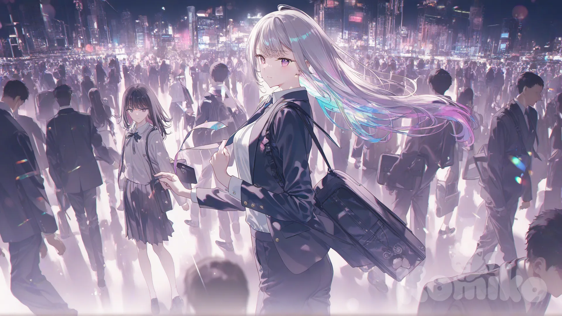 Anime style
Ônibus passando. Pessoas apressadas. Um garoto com uniforme escolar japonês de 17 anos caminha com mochila gasta.), [iridescent-style]