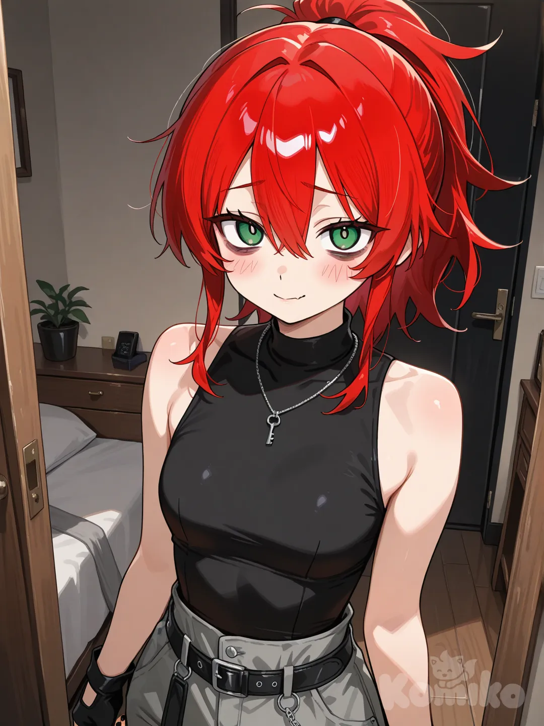 single character, anime style, woman, bright red hair, medium hair, straight hair, hair between eyes, Green eyes (wide-open eyes, expressive and alert gaze, upper eyelid lifted high, visible upper white sclera, vivid green irises, sharp anime eye design, energetic emotional expression, slightly raised eyebrows, intense focused look, no droopy eyelid shape), soft circules under eyes, alone, looking at Viewer. Black leather jacket, Black thight shirt, Gray cargo pants, black fingerless gloves, high ponytail hair, in the bedroom, Silver necklace with a key, bare shoulders, bare arms, black nail polish, standing, blush, gentle soft Smile, closed mouth