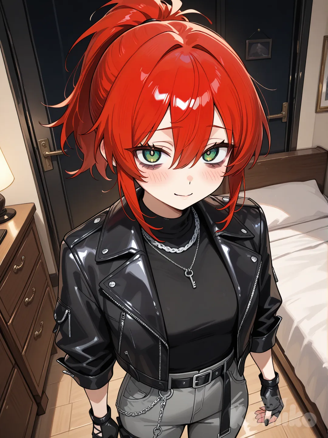 single character, anime style, woman, bright red hair, medium hair, straight hair, hair between eyes, Green eyes (wide-open eyes, expressive and alert gaze, upper eyelid lifted high, visible upper white sclera, vivid green irises, sharp anime eye design, energetic emotional expression, slightly raised eyebrows, intense focused look, no droopy eyelid shape), soft circules under eyes, alone, looking at Viewer. Black leather jacket, Black thight shirt, Gray cargo pants, black fingerless gloves, high ponytail hair, in the bedroom, Silver necklace with a key, black nail polish, standing, blush, gentle soft Smile, closed mouth