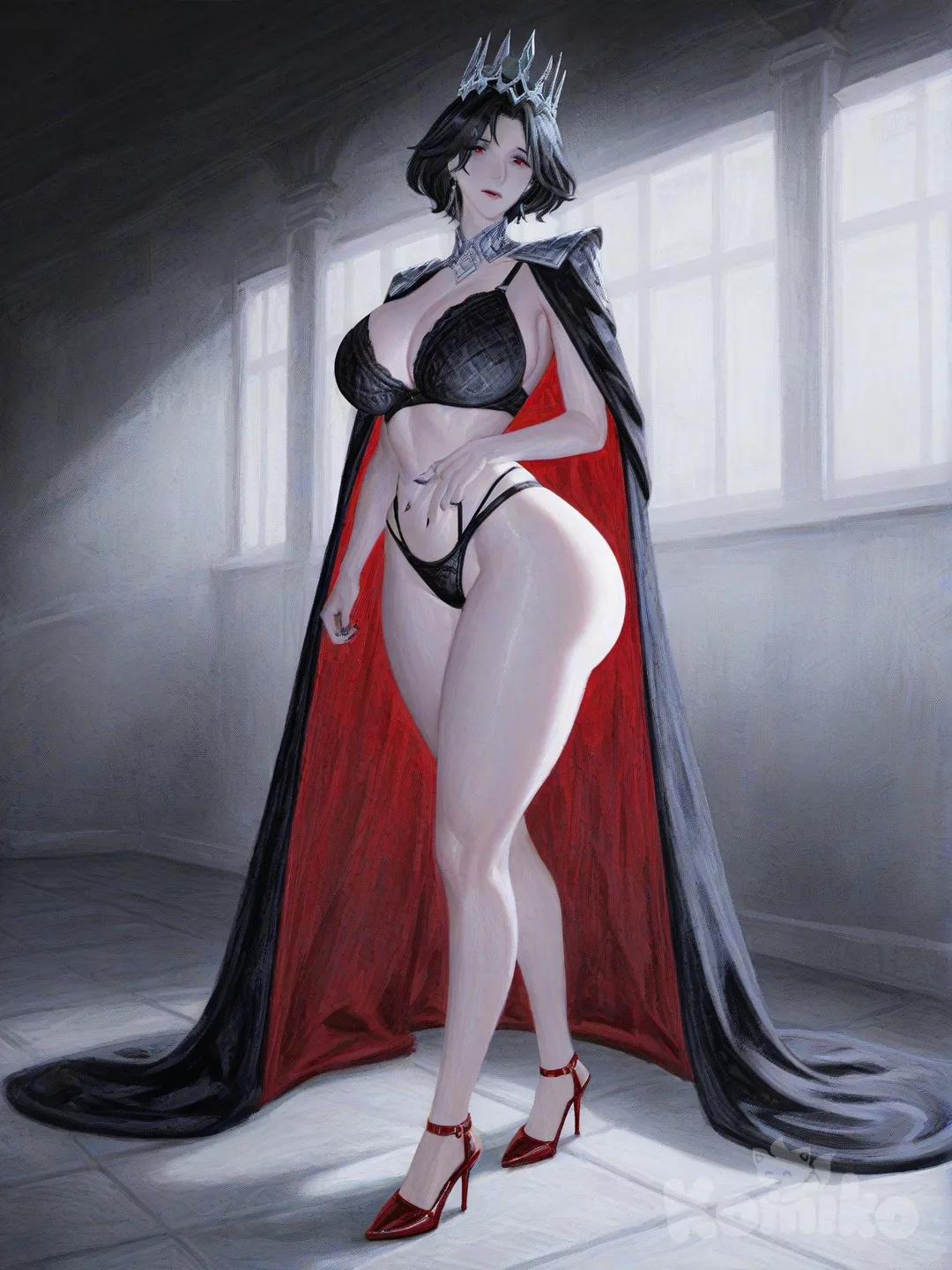 Ilustración anime hiperdetallada de una mujer alta de 30 años con cabello corto a la altura de los hombros, cabello color negro oscuro,cuerpo completo, coronada con una ancha corona plateada sin joyas. Viste tanga negra, sostén negro, una larga capa negra que le llega hasta el suelo y tacones de charol negros de suela roja que realzan su figura. La pose es de frente postura de pie, con una iluminación dramática que esculpe su figura, resaltando su belleza y la curva de sus caderas, gran trasero tanga negra ojos rojos la chica mirando a la cámara., looking at viewer, full body, @politicamente-incorrecta-en-calzones-sin-capa-lneP, [gothic-oil-painting-style]