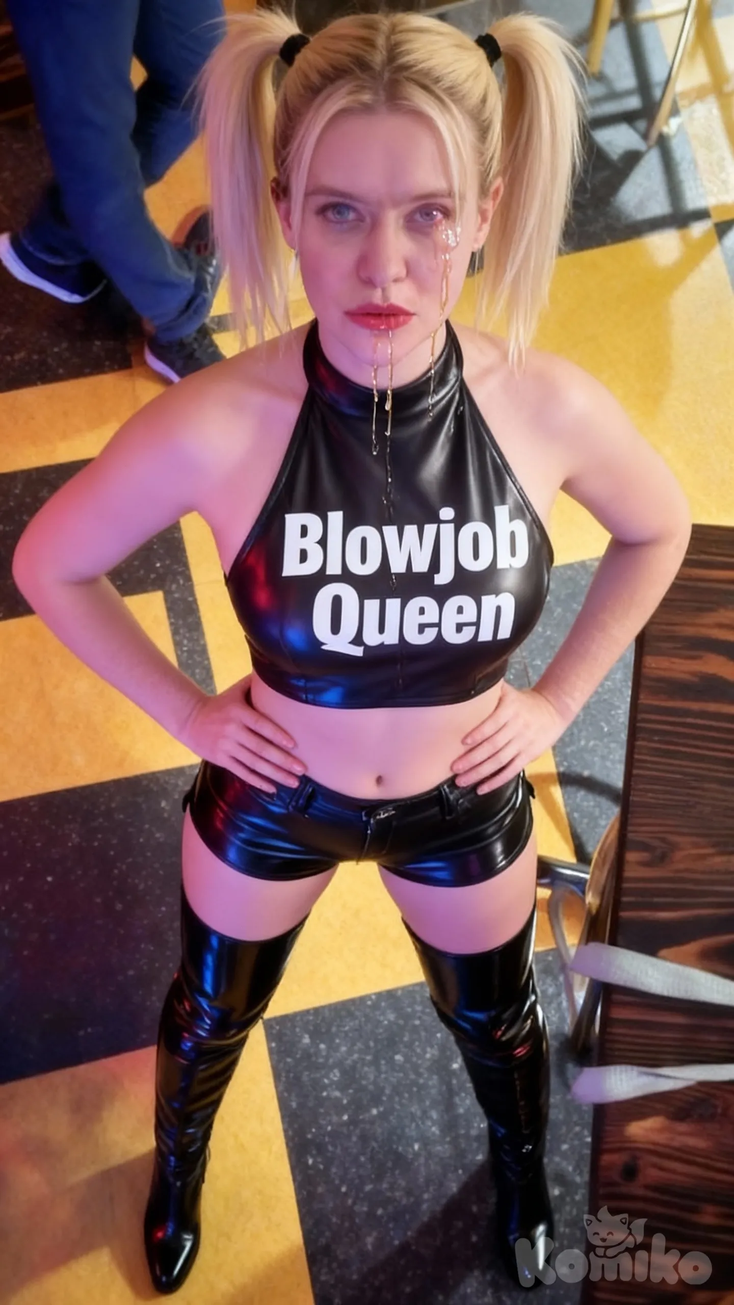 High blond pigtails, really huge busty boobs in leather halter crop top that says Blowjob Queen in white letters, black leather shorts, thigh boots, hands on hips, cum on face