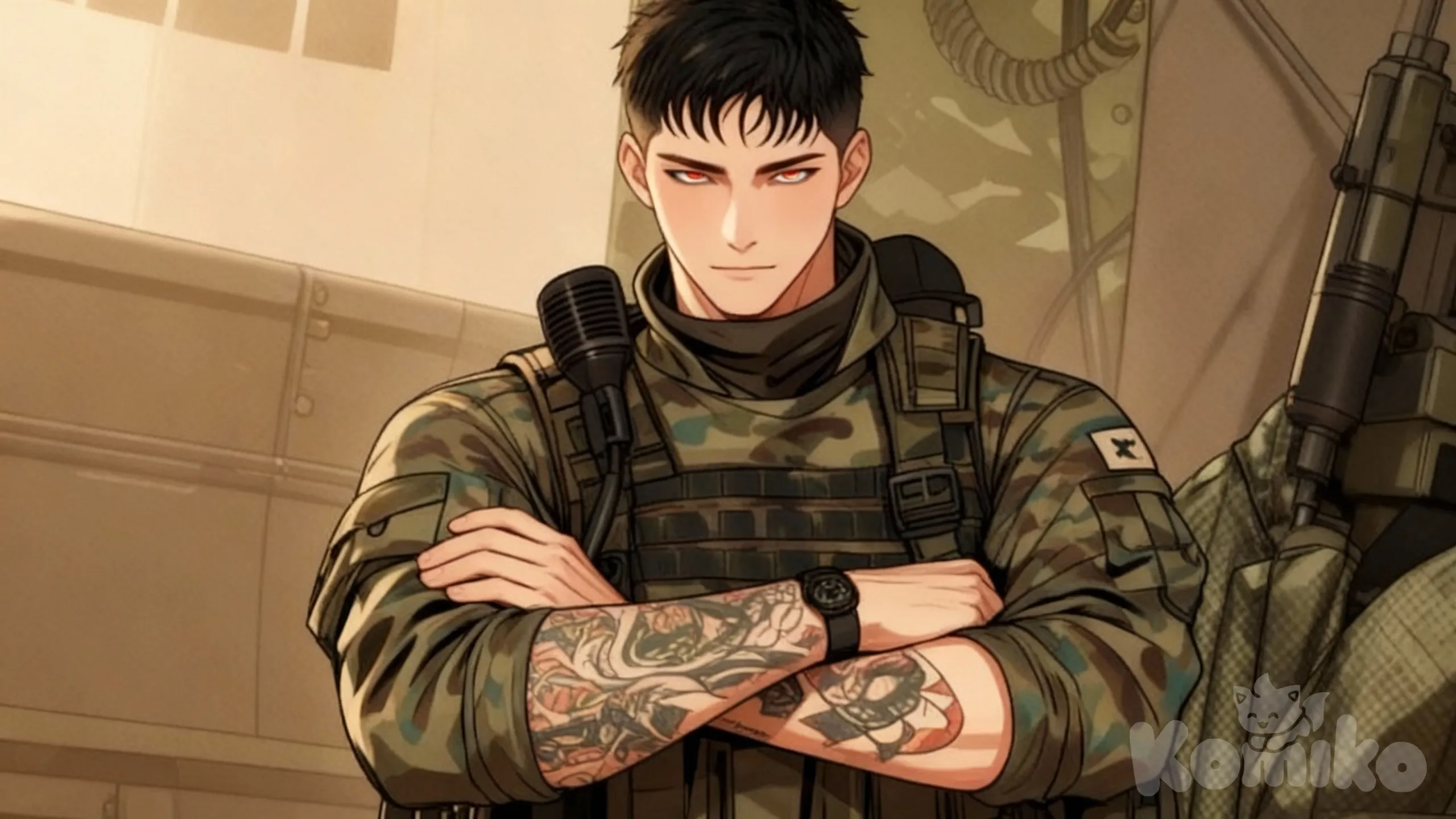 1000003173 The face is emotionless. Put the weapon away. The eyes are like those of a predator. The arms are folded across the chest.