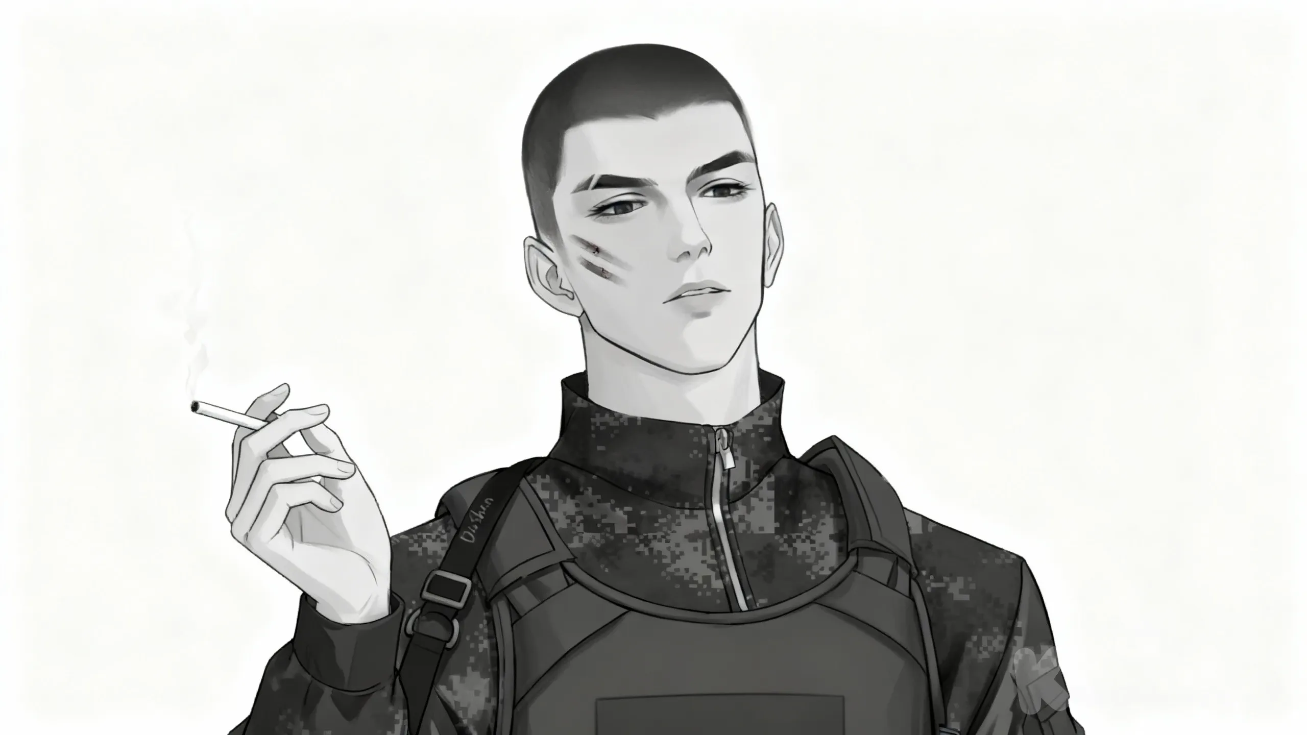 1000003171, full body, looking at viewer, He holds a cigarette in his right hand, his eyes are tired, and there is a wound on his cheek.