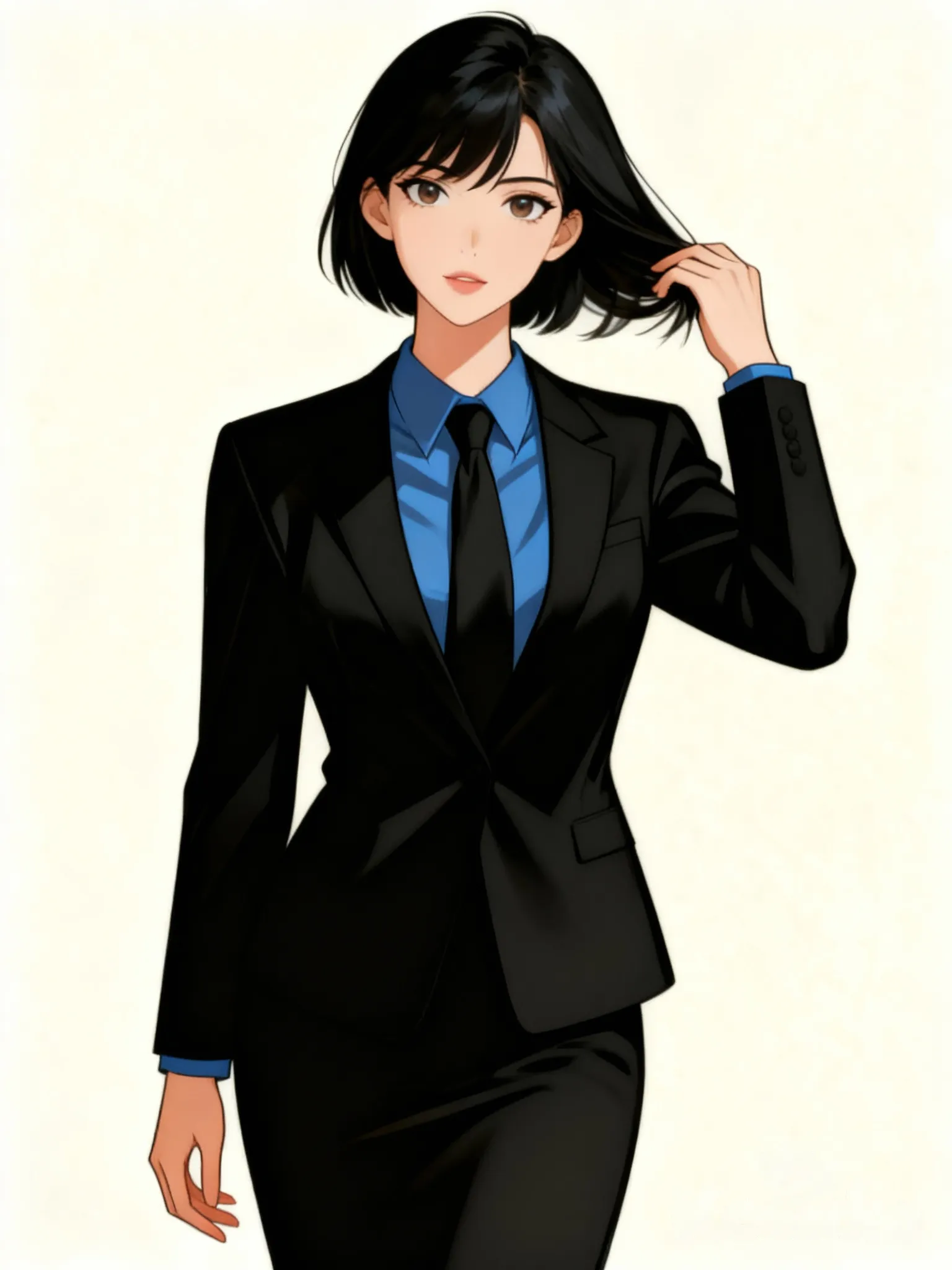 The head is turned towards the viewer, Her right hand is straightening her hair, and her left hand is hanging loosely at the bottom, The torso is turned towards the viewer, 1000003184