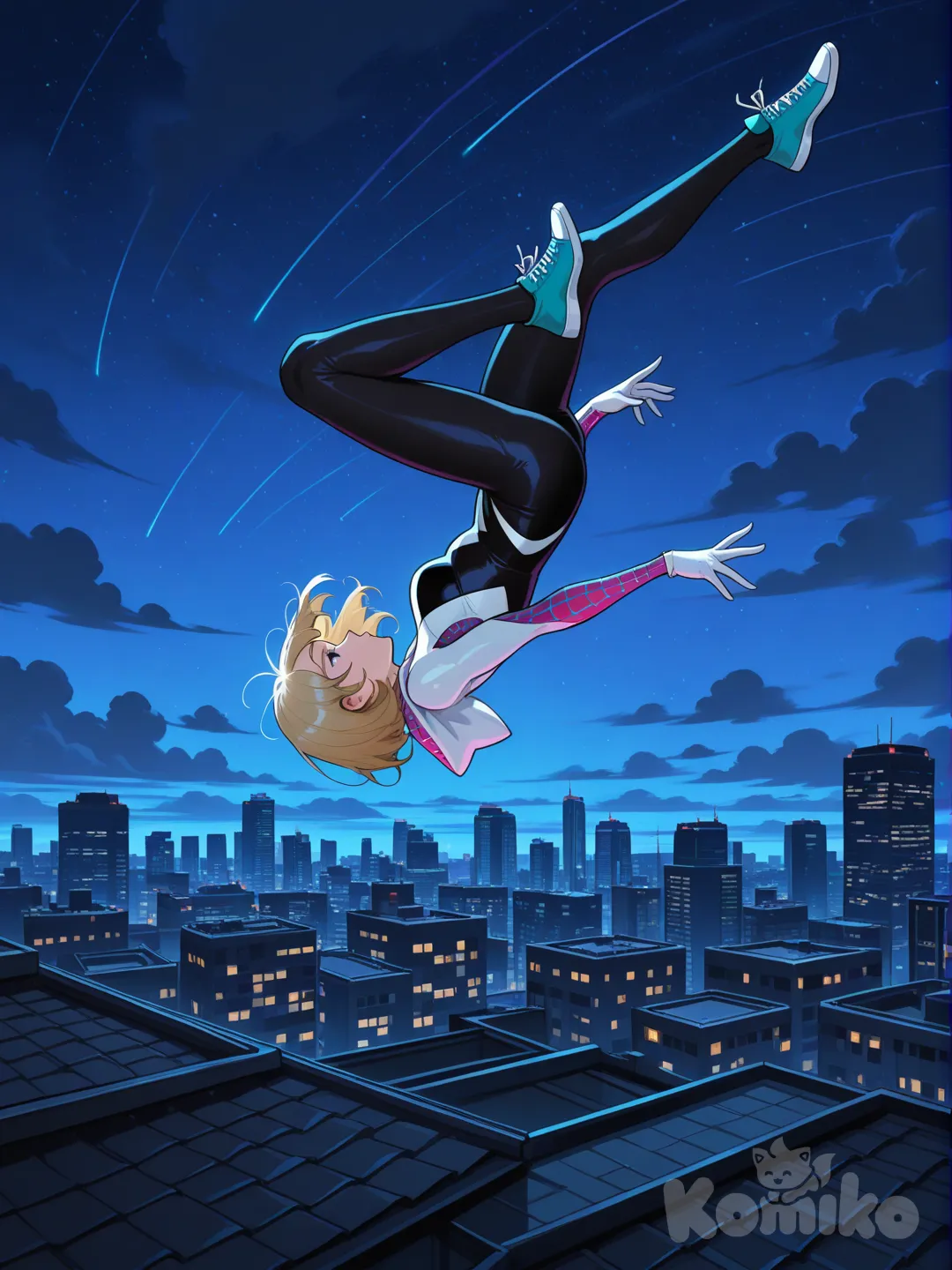 , expressionless, full body, headshot, night, sle, cloud, blue sky, starry sky, skyscraper, jumping from rooftop