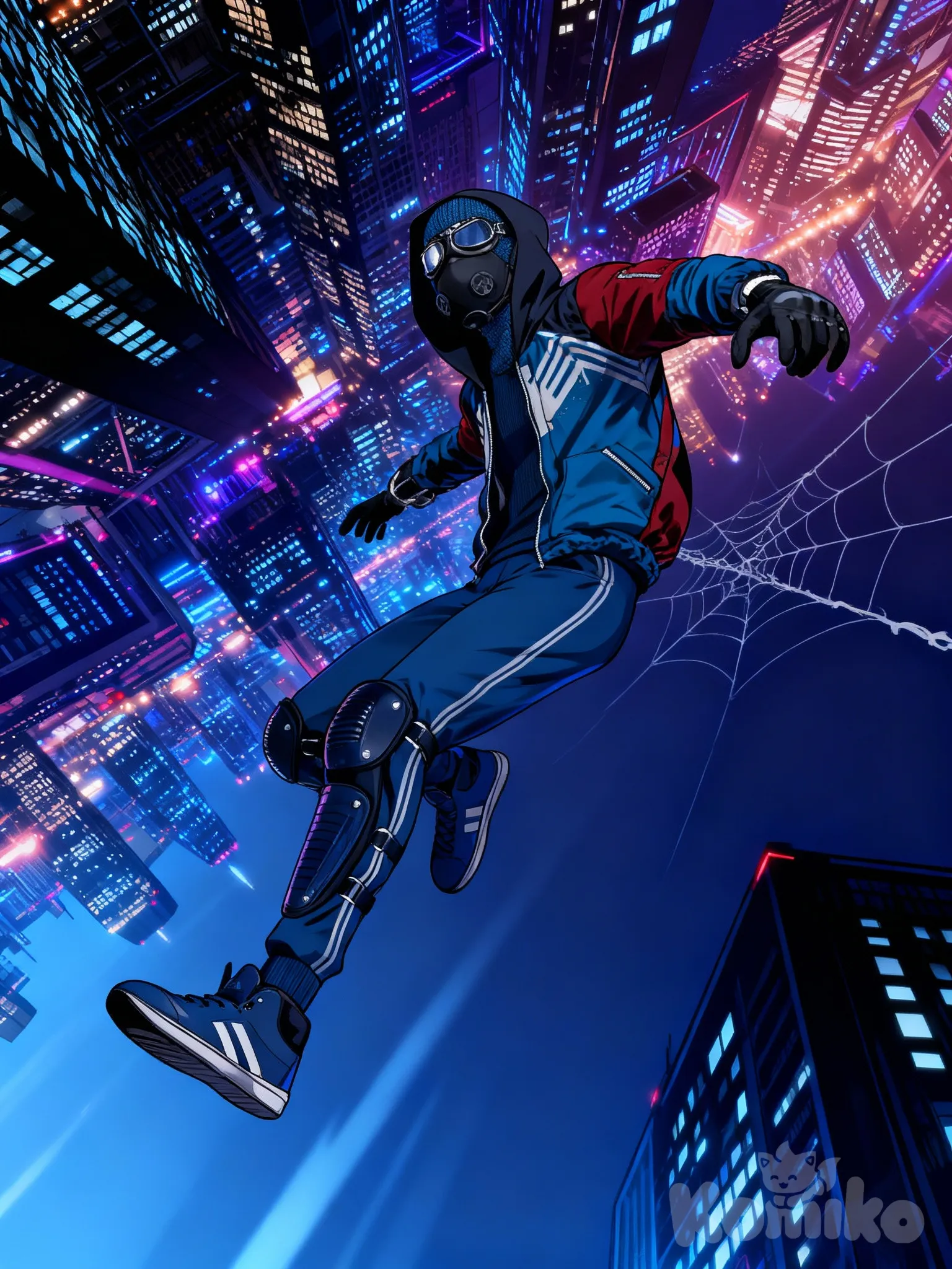 1000003232,A character flying on a web, a cool pose for flying on a web, dynamic flight angles, a night city , a character looking around while flying on a web, manhwa style, 1000003232