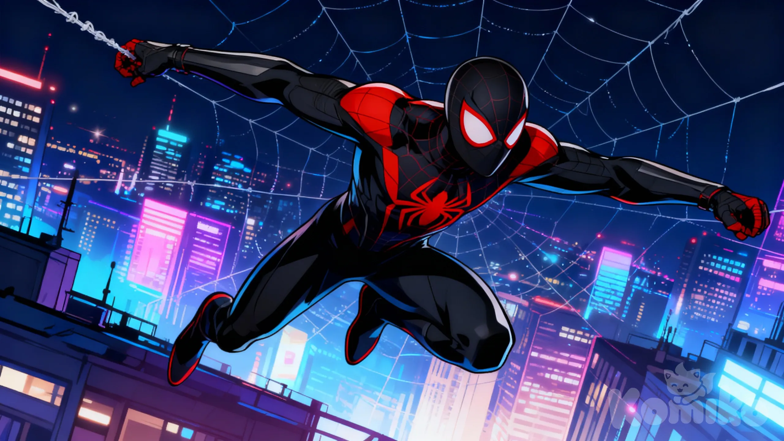 1000003231 A character flying on a web, a cool pose for flying on a web, dynamic flight angles, a night city , a character looking around while flying on a web, manhwa style