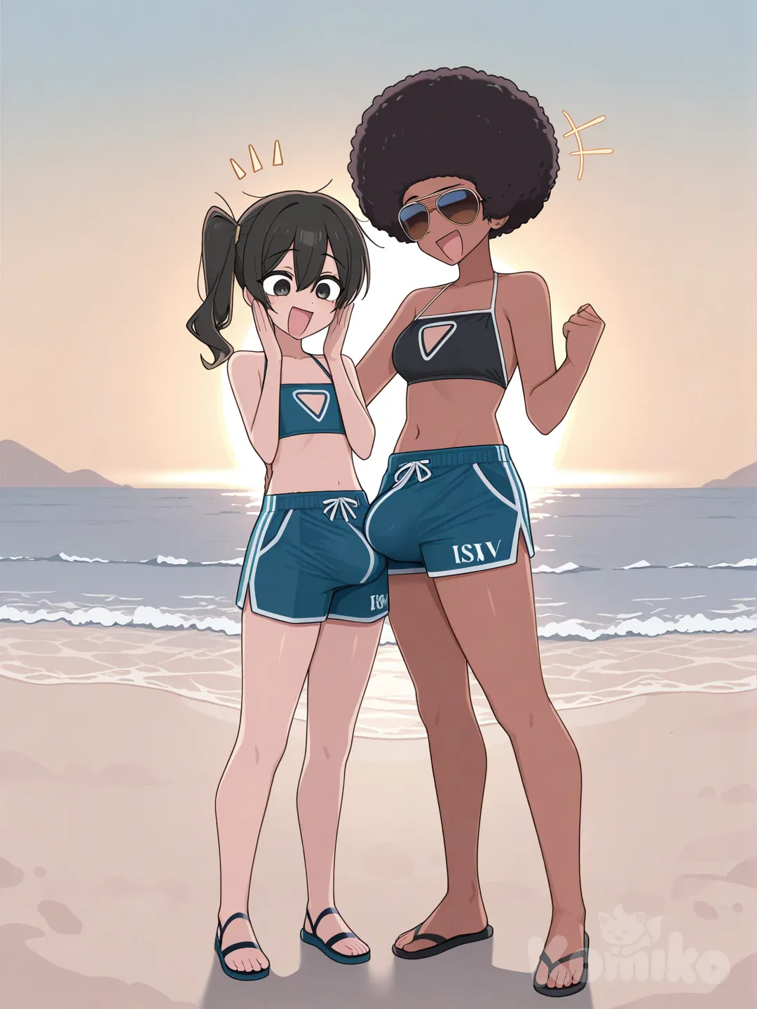 Futanari bulge, Big Dick, full body, [toon-shaded-style], ambient light, beach shorts, aviator , glasses, Africa, aviator sunglasses, ocean,Afro, excited, side ponytail, laughing, 2girls, 1girl