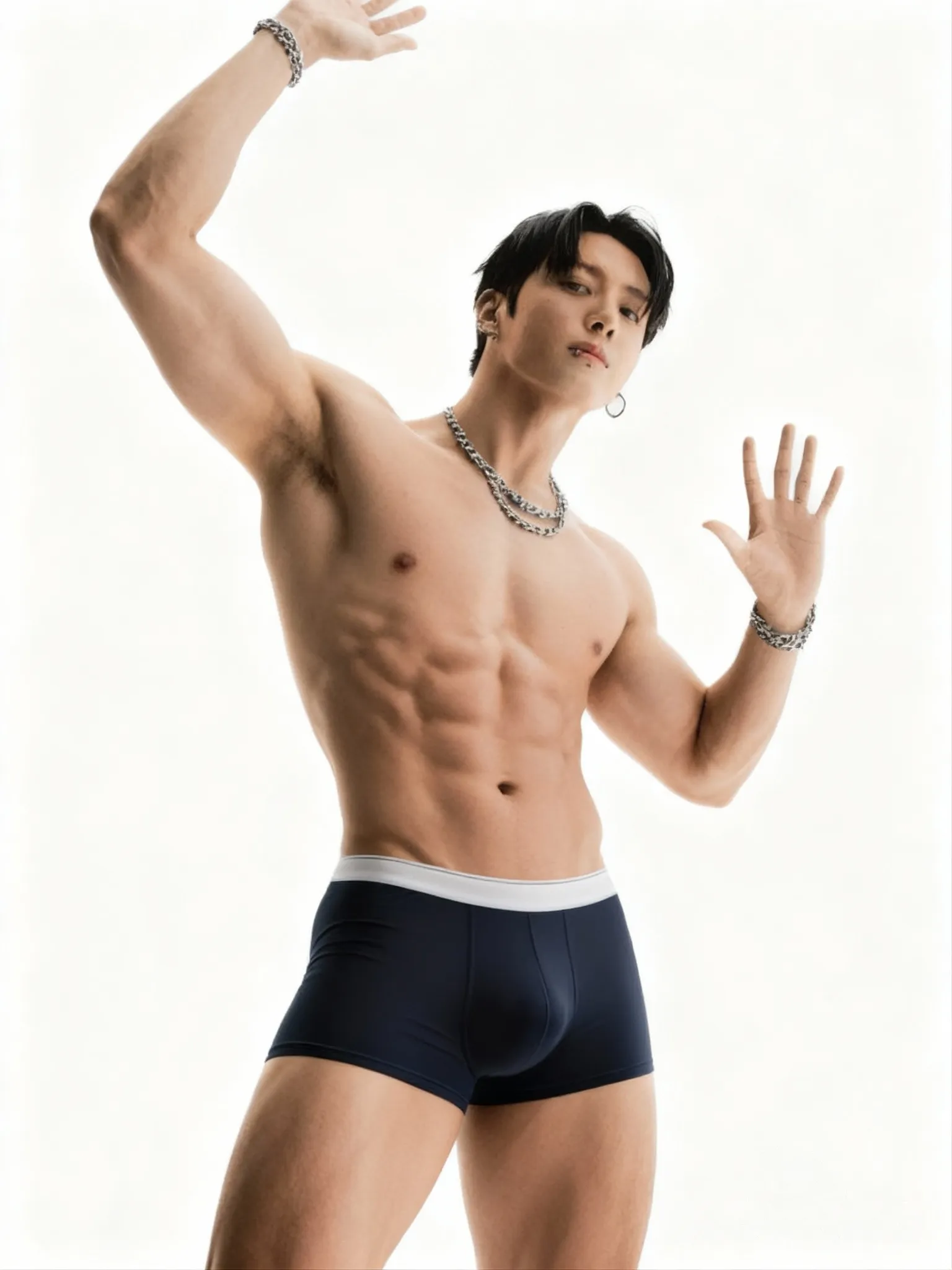 Sexy porn image, quítale la ropa y déjalo en boxer como si fuera una campaña publicitaria de una marca de boxer y que esté más marcado, que salga derecho sin cambiar el rostro, 1000512944