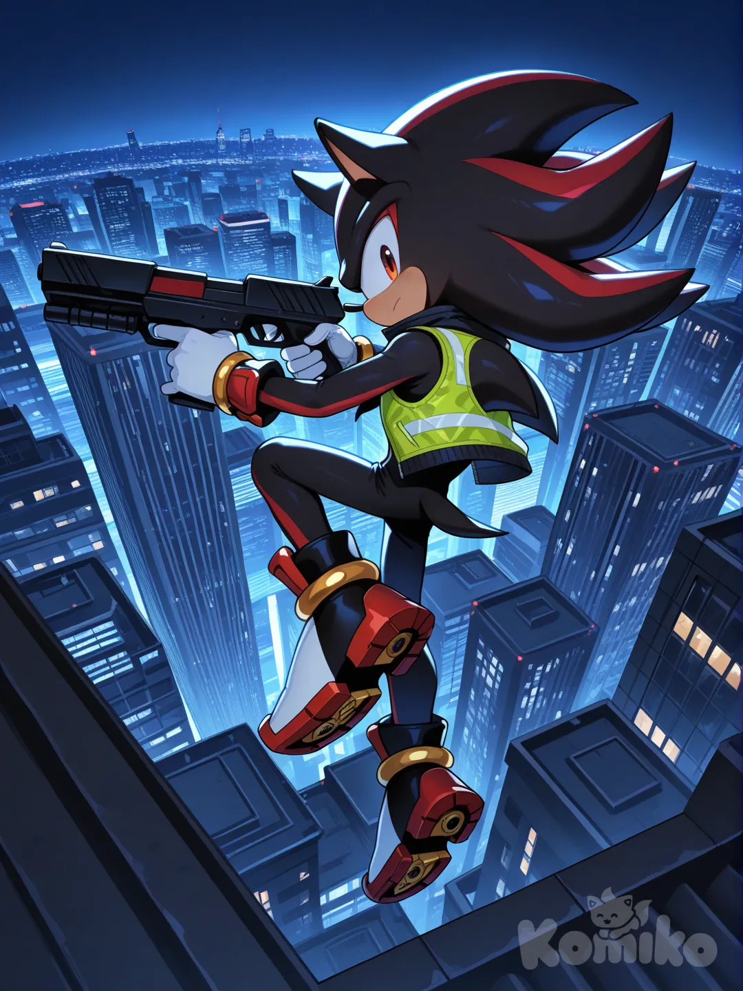 @Shadow_The_Hedgehog, holding gun, looking back, jumping from rooftop, vest, depth of field, from above