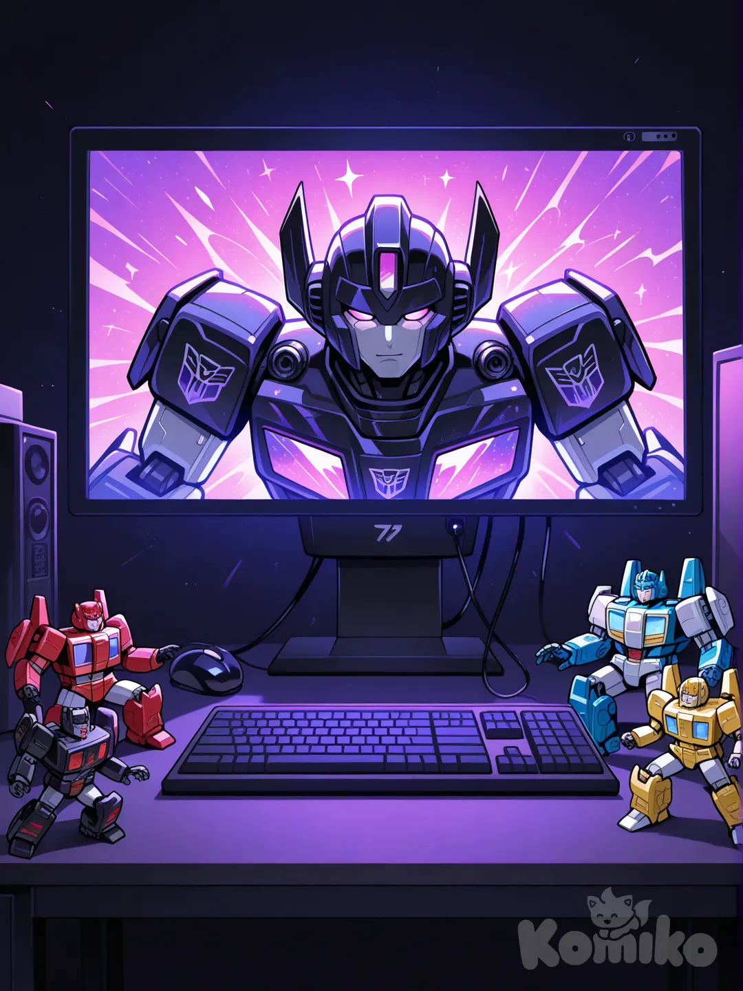 Certainly! Here is a description of the image in English:
🤖 Image Description
This is a close-up shot of a collection of complex action figures or models, likely from the Transformers or a similar mech/robot franchise, displayed in a dimly lit setting.
 * The Figures: There appear to be about six to seven figures grouped together. They are highly stylized with sharp, mechanical details and bright colors. The most prominent figures include:
 * A figure in the center foreground that is primarily military green/sage and grey, standing lower than the others.
 * Several figures positioned slightly behind and above the center one, featuring striking color schemes like red and black, yellow and black, and grey/white and blue. They have large, spiky details on their heads and shoulders, giving them an aggressive or heroic appearance.
 * A figure on the far right that is predominantly black and dark grey.
 * The Background: The figures are positioned directly in front of a computer or TV screen which is displaying a vibrant, abstract pattern of light rays and colors, possibly from a video game or a stylized graphic. The bright screen creates a dramatic, high-contrast effect with the dark figures.
 * The Foreground/Setting: The very bottom of the image shows a dark surface with a subtle glow of pink/purple light coming from a device, which looks like a gaming mouse (a Logitech G mouse is partially visible on the bottom right) or keyboard, suggesting the display is on a gaming desk.
Overall, the picture captures a cool, intense display of collectible robot figures set against a dramatic, glowing backdrop.
Would you like me to identify any of these specific figures or translate this description into Vietnamese?