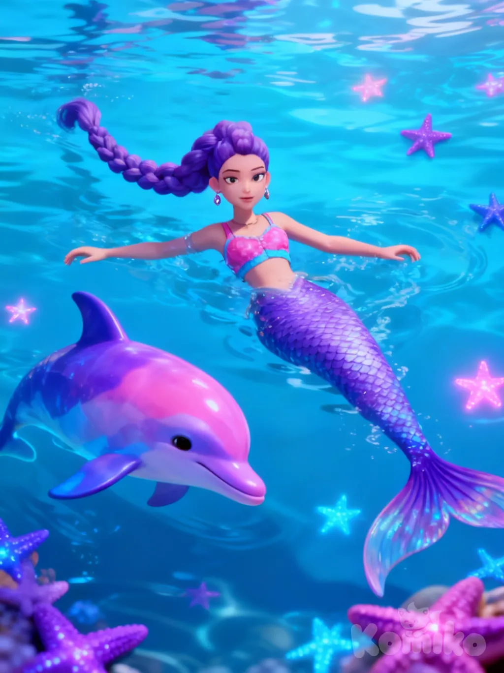 @Rumi, with a perpule mermaid tail with a pink and blue top and in water next to a puerperal pink blue dolfin and glowing starfish that are perpule pink and blue one braid huntrix ear rings the whole braid is perpule