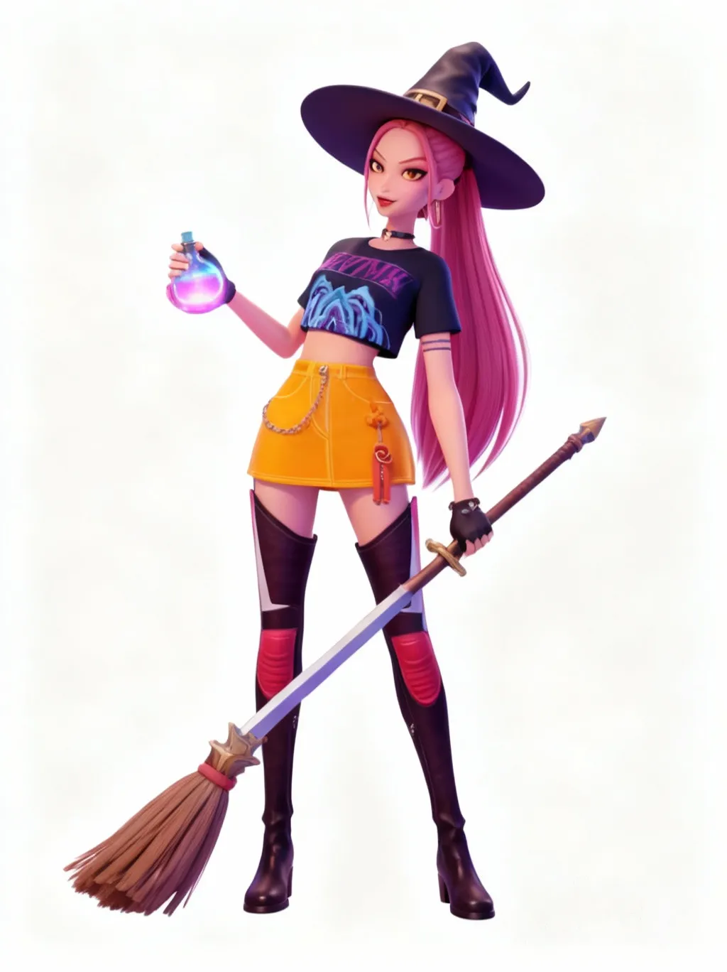 @Mira, flerty, pervy ,with a potion ,and Wich hat ,slitly tilted head , a broom/soord