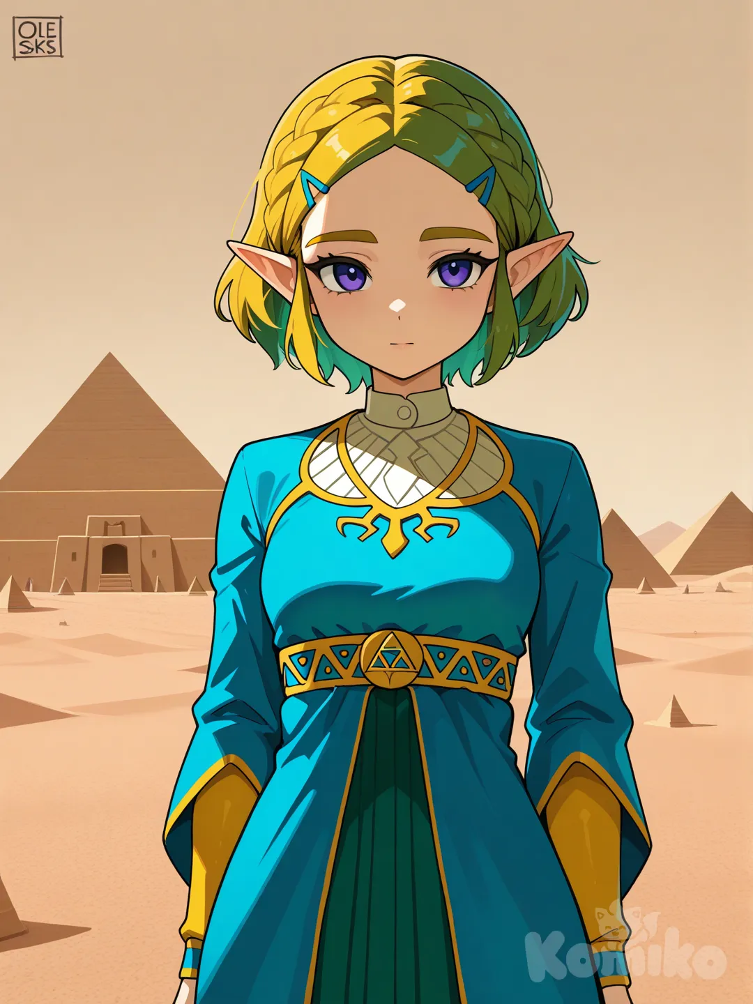 @Princess_Zelda, blue and green dress , green hair , purple eyes, ancient Egypt as background