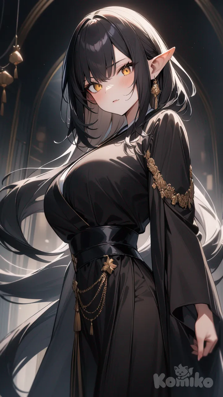 A woman with a sharp gaze, golden eyes, long flowing black hair, large breasts in a black kimono, and short, slightly pointed ears.