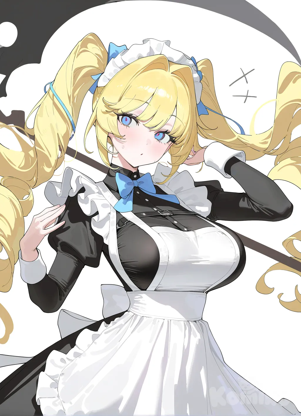 blonde hair, drill hair, large breasts, blue eyes, black Scythe, maid apron