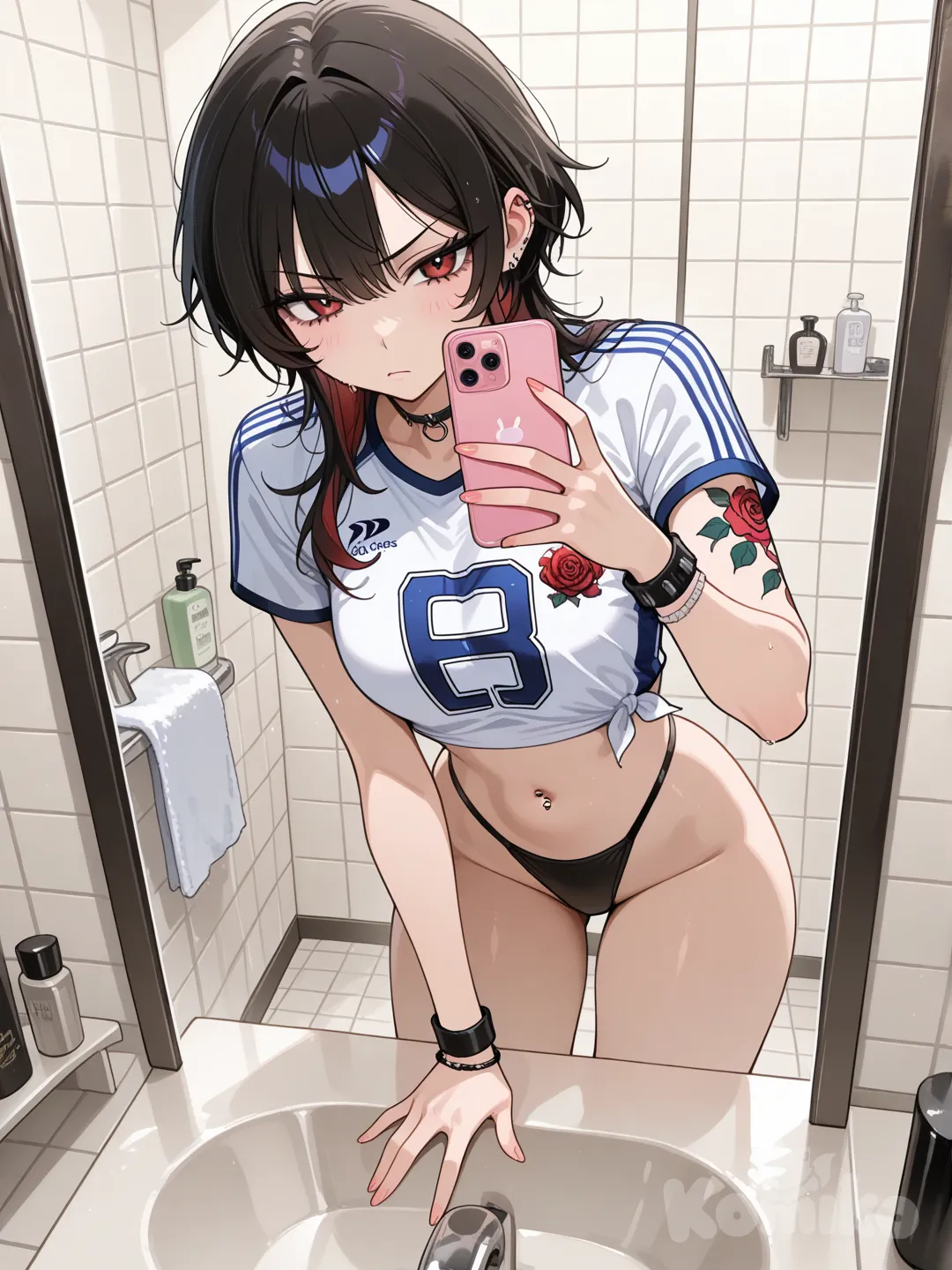 se toma una selfie frente al espejo de un baño. Lleva una camiseta de fútbol de River Plate recortada como crop top (blanca con la banda roja diagonal y el sponsor "Codere" al revés por el espejo), dejando el abdomen al descubierto. Debajo usa una tanga negra de tiro alto. Tiene un piercing en el ombligo, varios tatuajes visibles en los brazos (entre ellos un bulldog francés y una rosa) y una pulsera negra en la muñeca izquierda. El baño tiene azulejos grises y blancos, y se ve una toalla colgada a la derecha. La expresión es seria y la pose ligeramente inclinada hacia adelante, apoyando una mano en el lavabo.