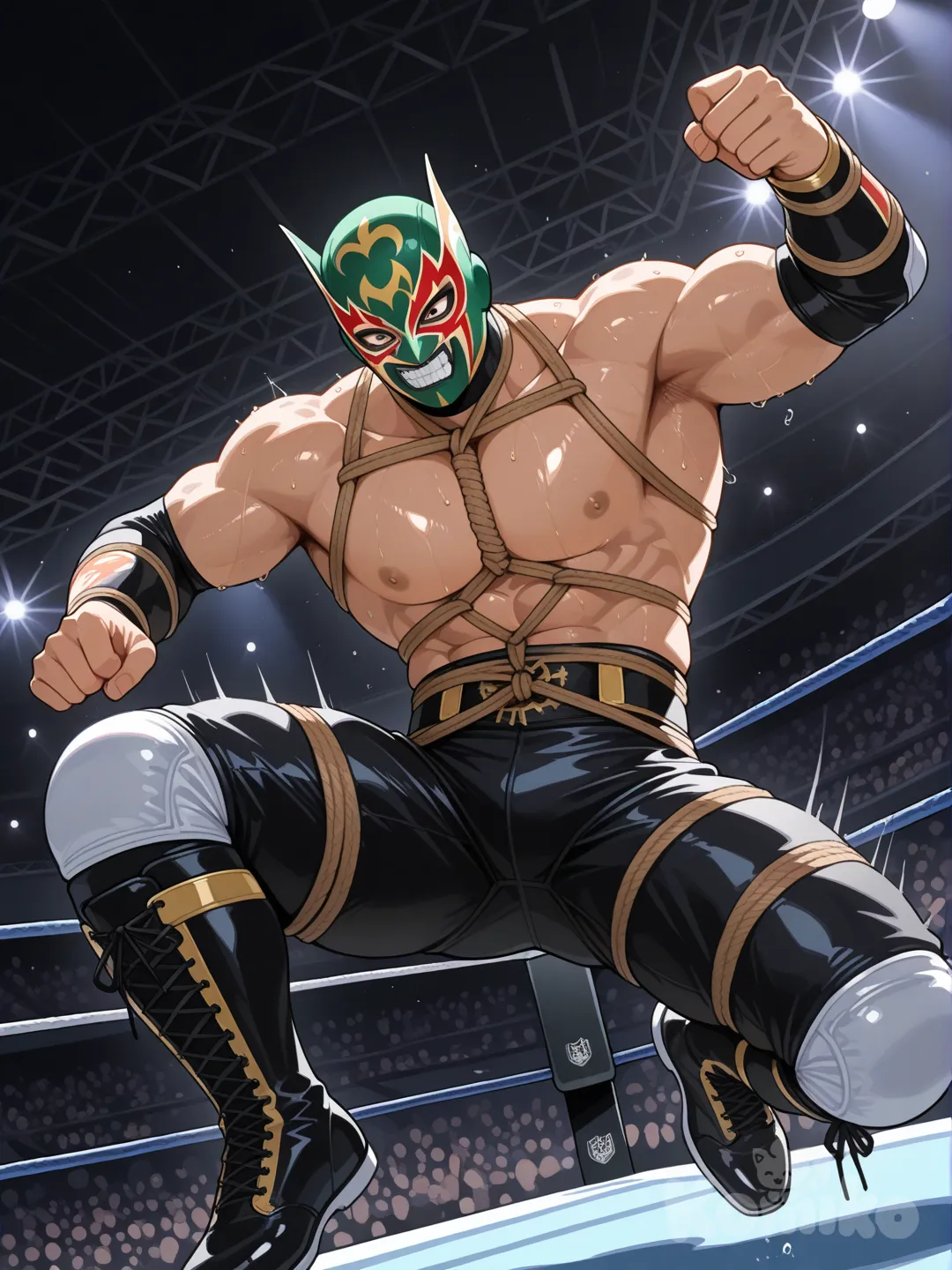 Un luchador enmascarado en el ring tirándose desde la tercera cuerda, haciendo honor a rey mysterio. Una leyenda del wrestling latino