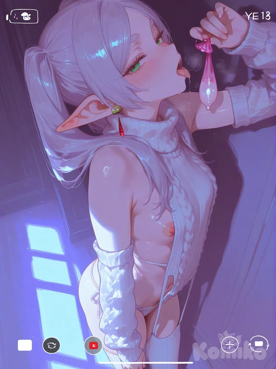 aesthetic, details, Frieren , indoors , Sidelighting ,fake video, Loose virgin destroyer sweater, nipple slip, torogao, standing ,holding used condom , elbow up, looking up , palm down ,sideways glance at viewer, licking , breathing, low Angle, saliva, [sensual-glossy-style]