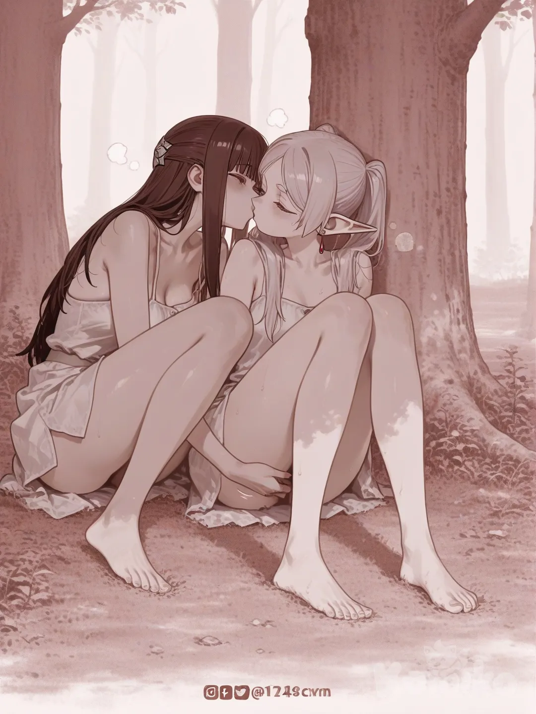 Frieren and Fern (Sousou No Frieren) , Sakura haruno sarada in the woods kissing clothes off on the ground leaning on a tree fingering naked, [sensual-glossy-style]
