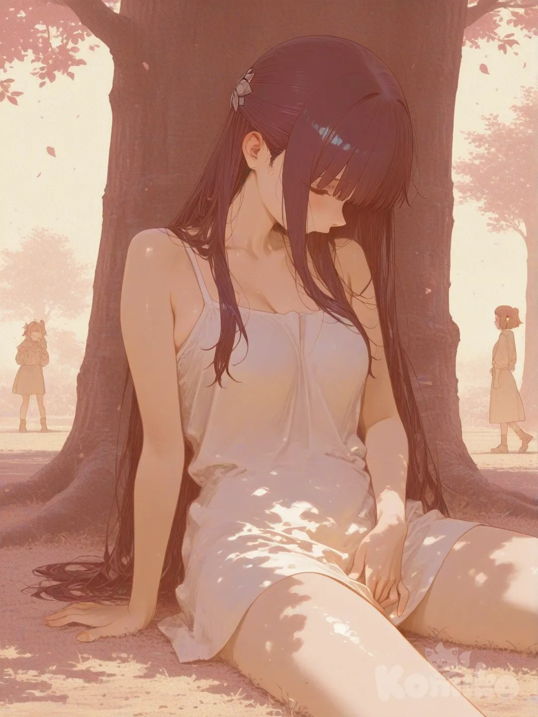 Frieren and Fern (Sousou No Frieren) , Sakura haruno sarada in the woods kissing clothes off on the ground leaning on a tree fingering naked, [sensual-glossy-style]