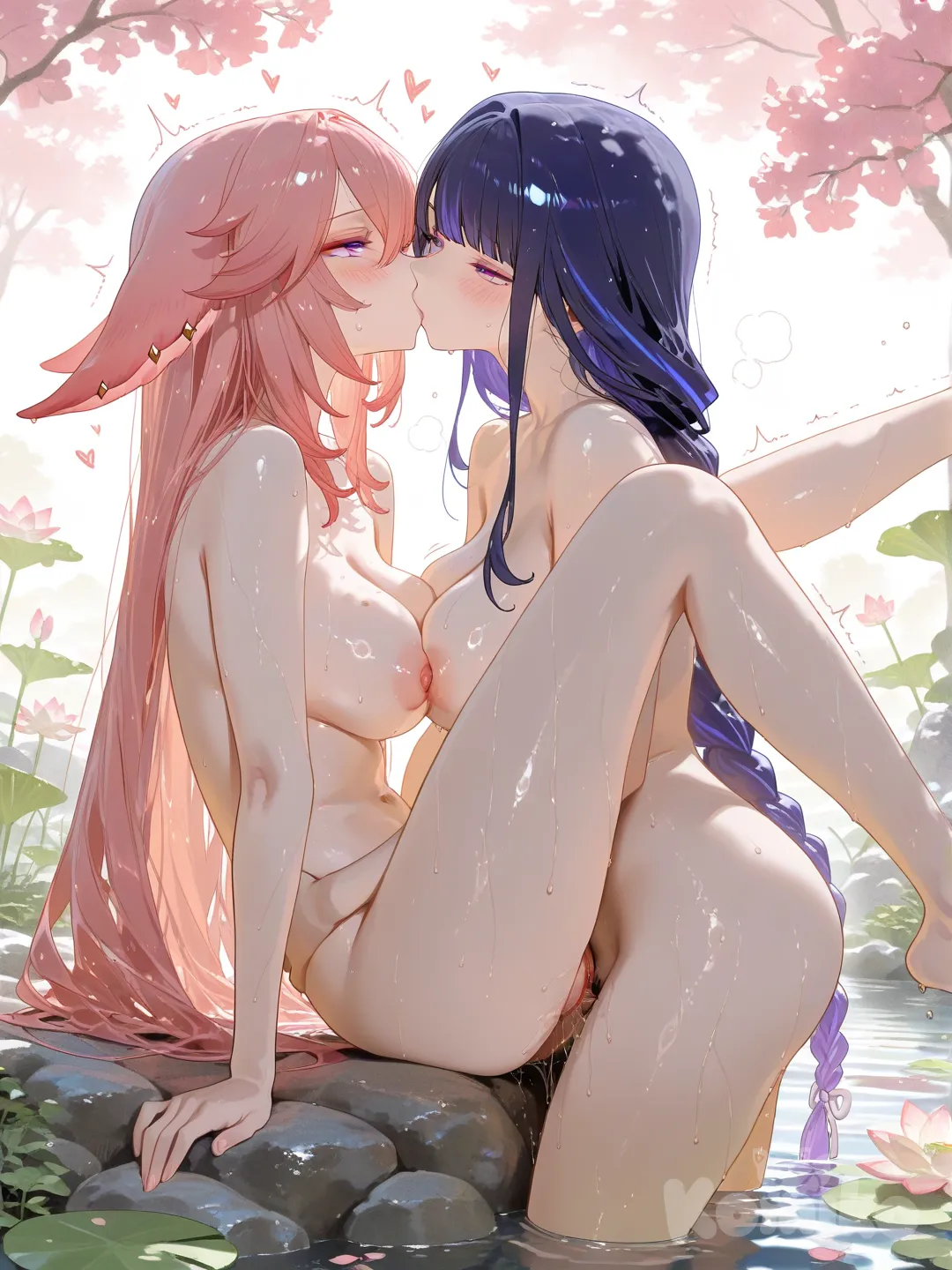 Tribadism, bent legs, 2girls, Raiden Shogun , Yae Miko , naked, lotus pond, hands on legs,wet, wet hair, blush lines, wet pussy, from side, puffy pussy, kissing, [sensual-glossy-style]