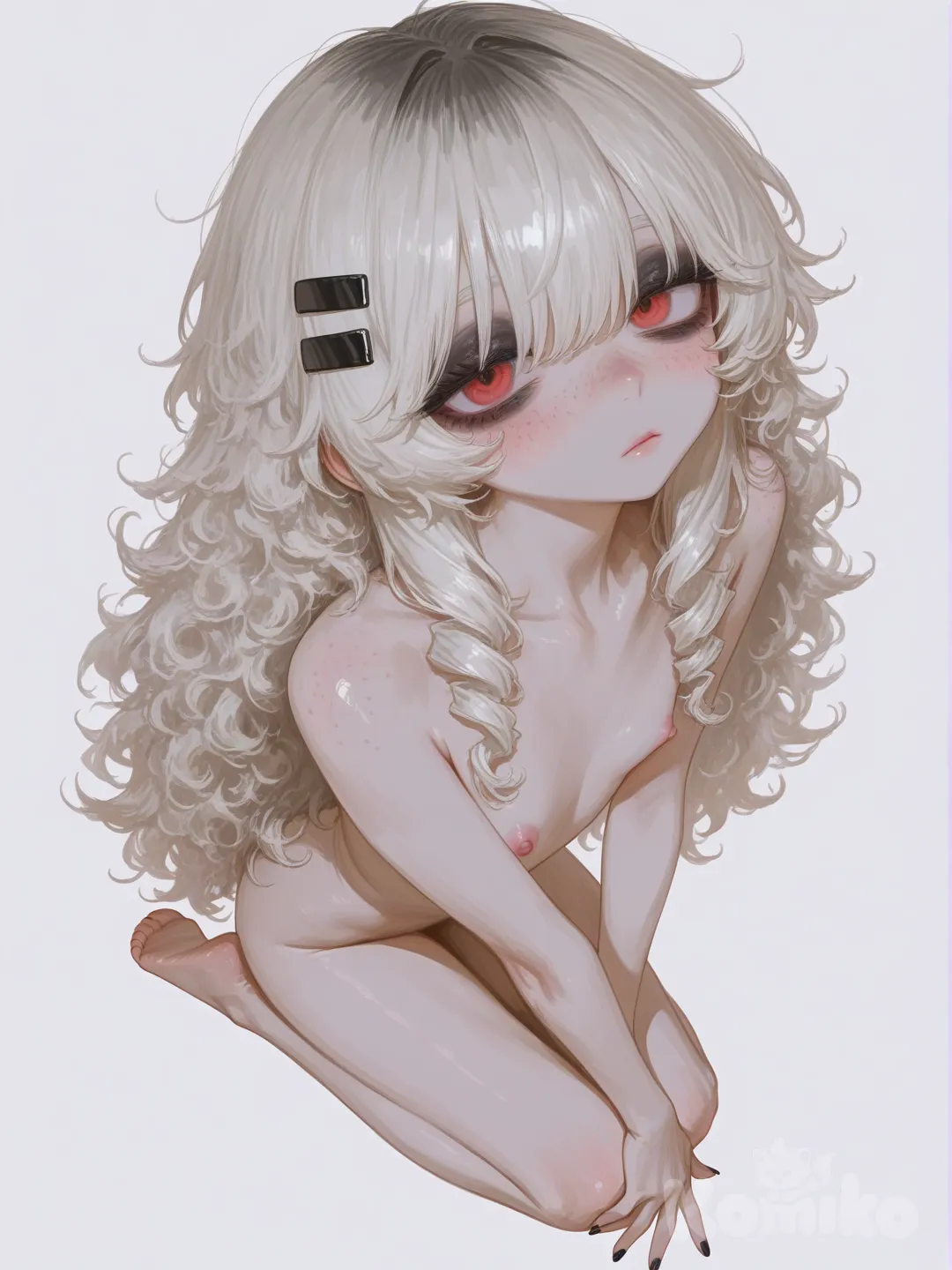 [sensual-glossy-style], @maro-0ouj, naked, beautiful breasts, long, disheveled white hair, vagina, small pink nipples, black nails, close-up, coming, female orgasm.