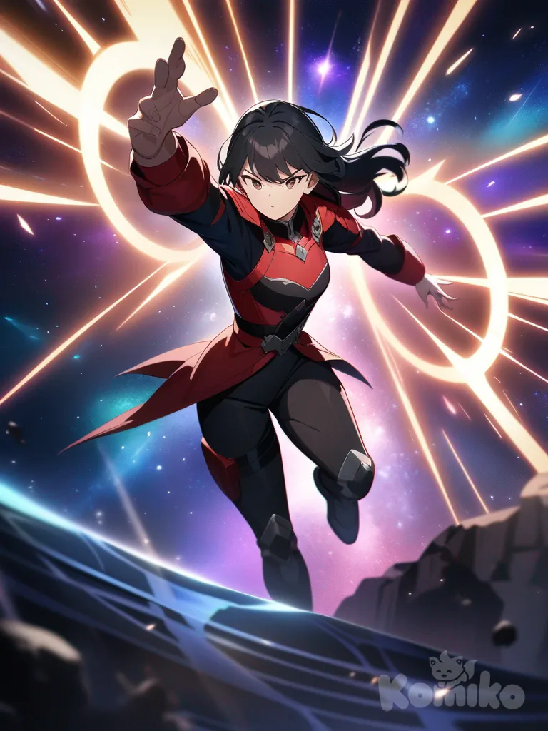 fate anime style character, heroic pose, anime art, epic scene, long black hair, young girl, cosmic background, full body