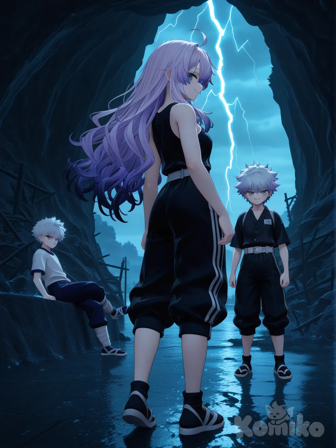 @Killua_Zoldyck, @apathy-awG1, back to back, smirk, side profile photo, ambient light, cinematic lighting, night, rainy, ruins, cave, lightning, 1boy, 1girl, 2people
, [3d-anime-style]