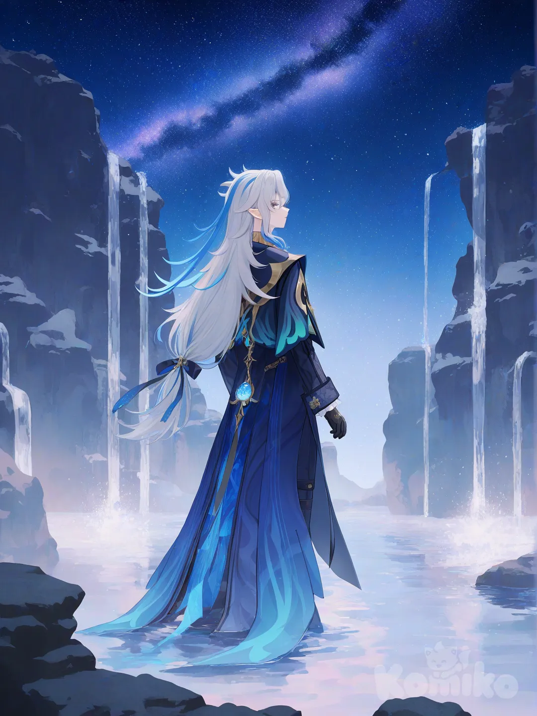 @Neuvillette_(Genshin_Impact), [soft-pastel-style], looking back, expressionless, full body, looking at viewer, side profile photo, night, waterfall, starry sky, cosmic background