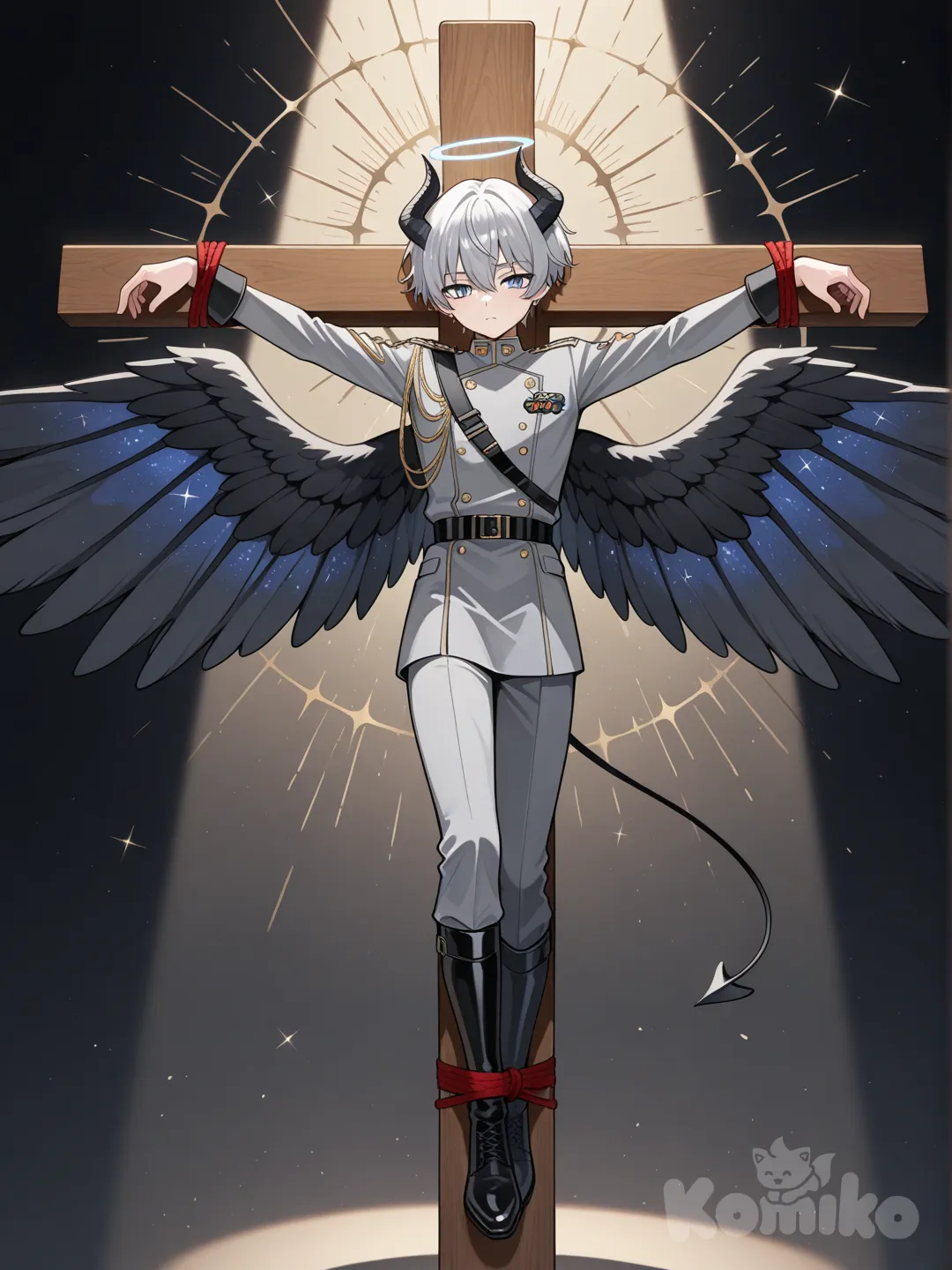 One teenage boy, a male angel with halo and horns, as well as blue slit eyes and short hair. Full body shot. Wearing a uniform of silvers and greys, tied to a post to be crucified. His wings are dark grey, almost black, and glitter with stars.