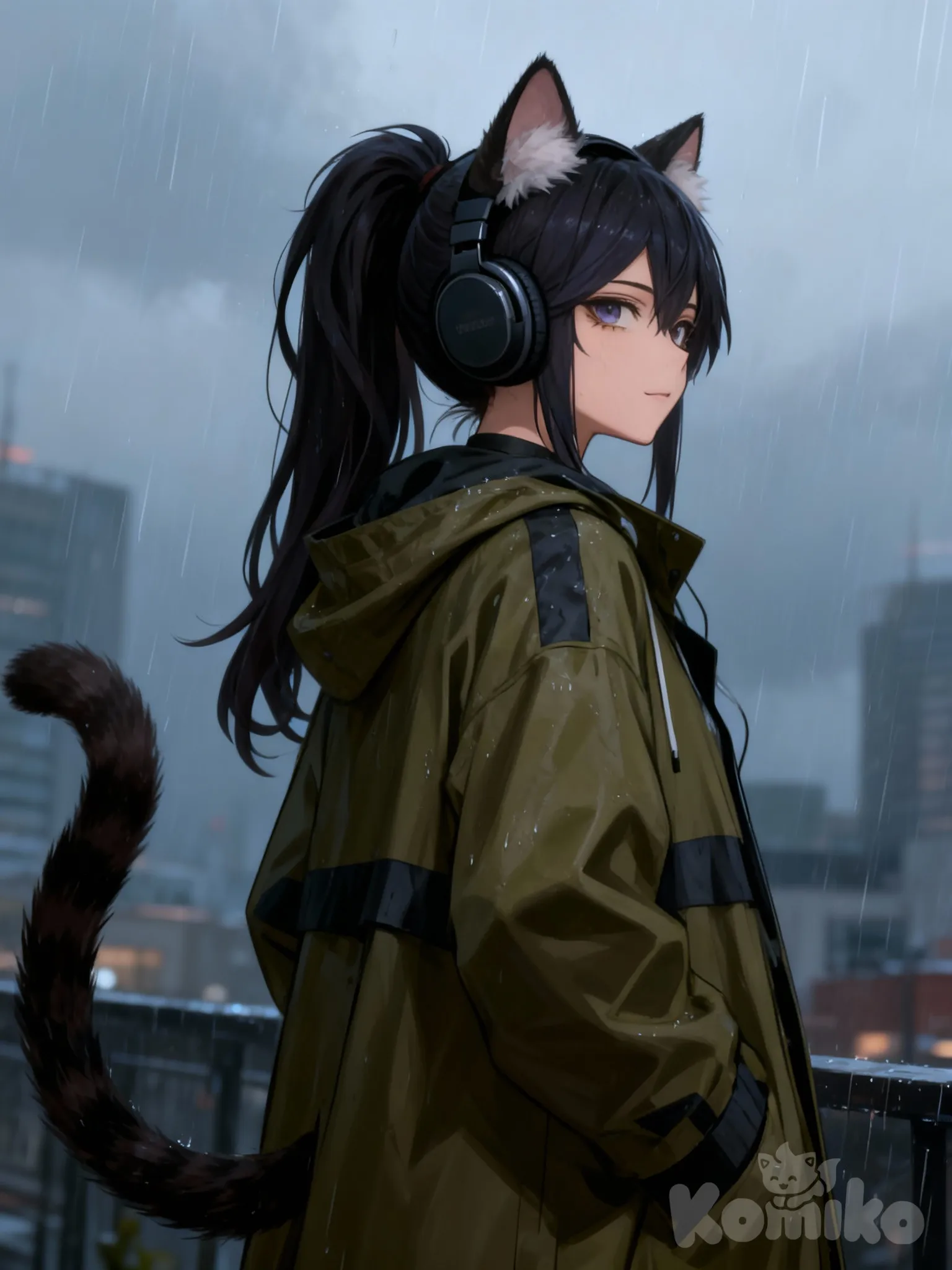 @yuki-kodoku-rWDP, cat ears, cat tail, headphones, cityscape, raincoat, olive green, charcoal black, looking away