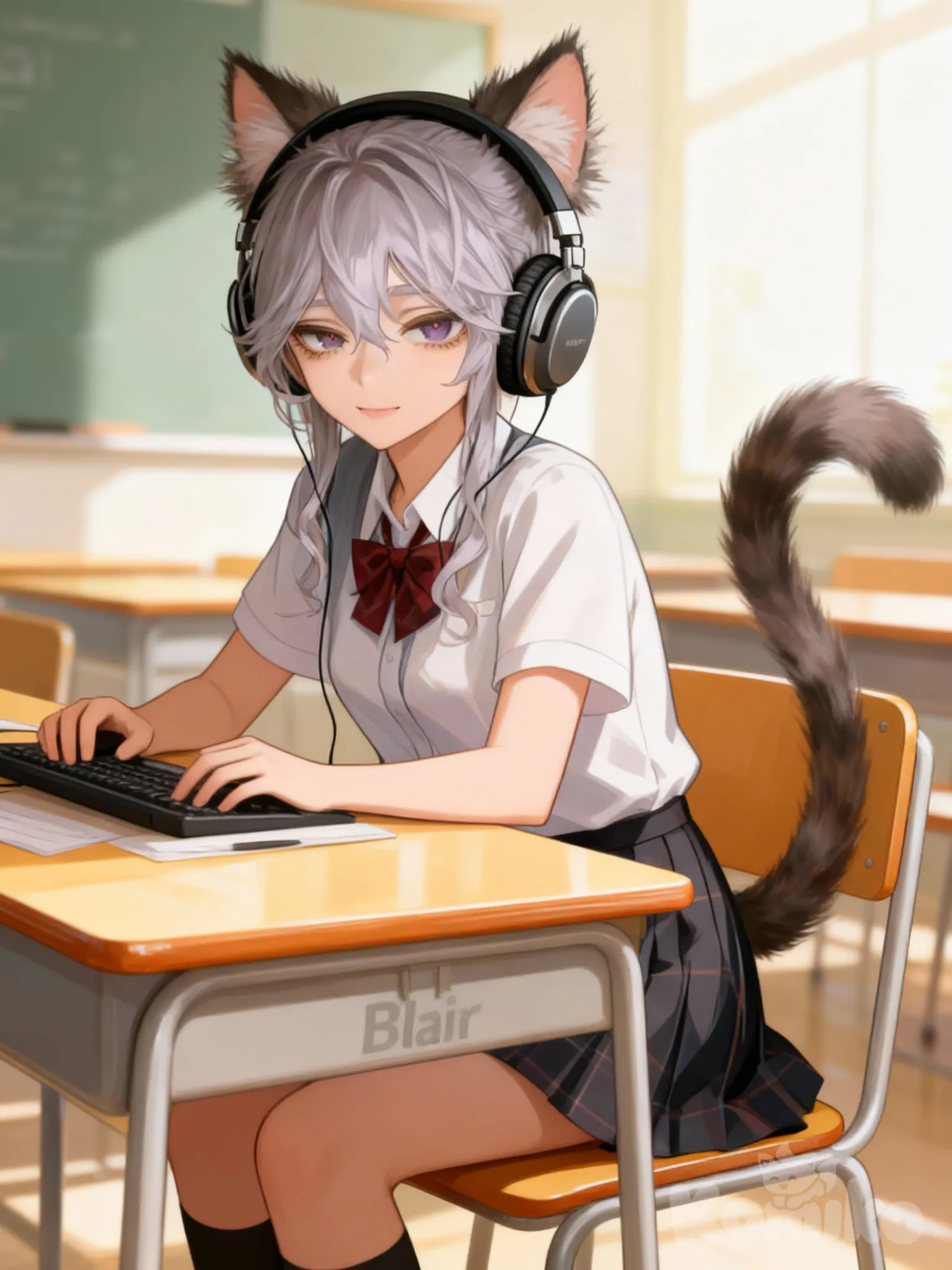@yuki-kodoku-rWDP, cat ears, cat tail, school uniform, classroom, headphones