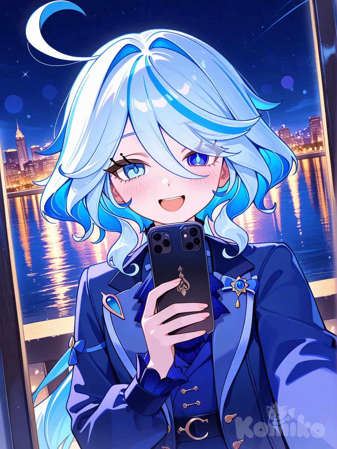 @Furina_(Genshin_Impact), smile, blush, laughing, selfie, city lights, night, lake