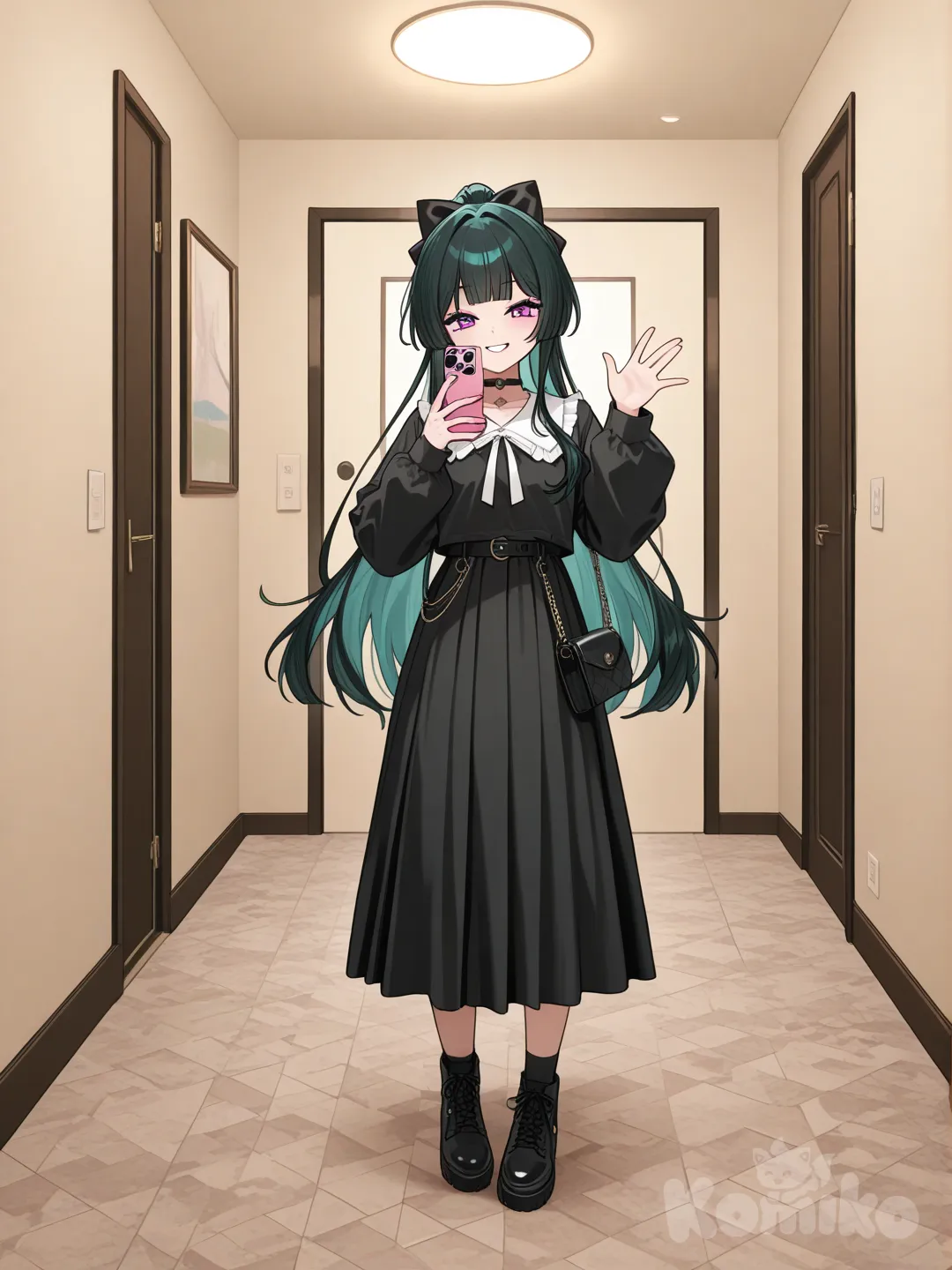 @Azami, waving, selfie, ultra-wide shot, full body, portrait