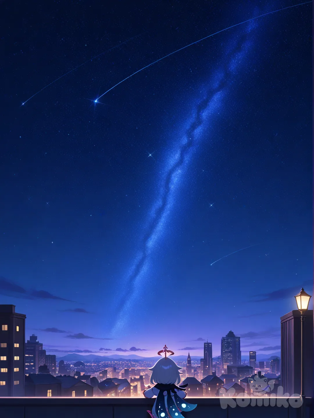 @Paimon_(Genshin_Impact), headshot, portrait, ultra-wide shot, city lights, night