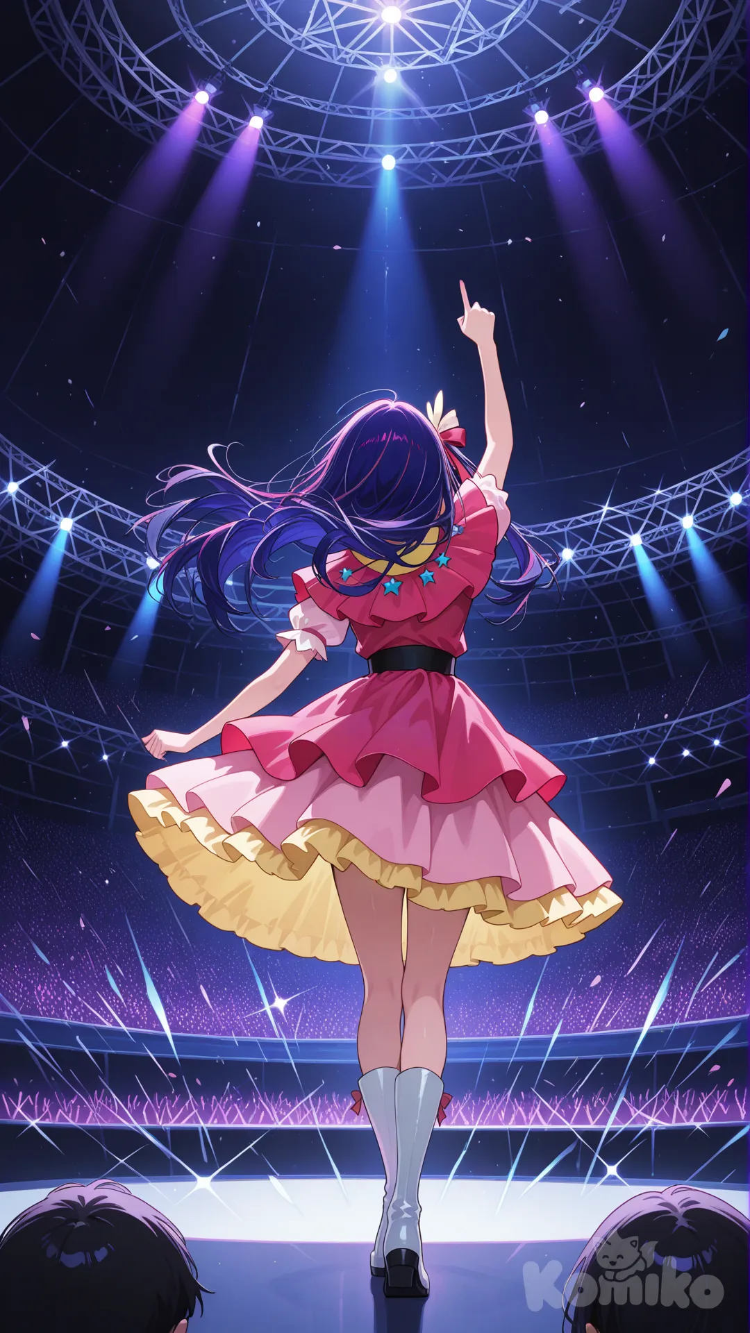 Hoshino Ai seen from behind in the center of a huge nighttime concert stage, Oshi no Ko style, long, bright, purplish-blue hair flowing, wearing a bright pink-red idol dress with ruffles and a full skirt, white knee-high boots, right arm raised with index finger pointing to the sky in a victory pose, strong stage lights in shades of blue and purple coming from above, intense white spotlights, audience blurred in the background with thousands of pink and white penlights, crowded arena environment, particles of light floating in the air, magical and exciting atmosphere, digital art in the characteristic Oshi no Ko style, vibrant colors, high contrast, ultra-quality, cinematic lighting --ar 1:1 --stylize 250